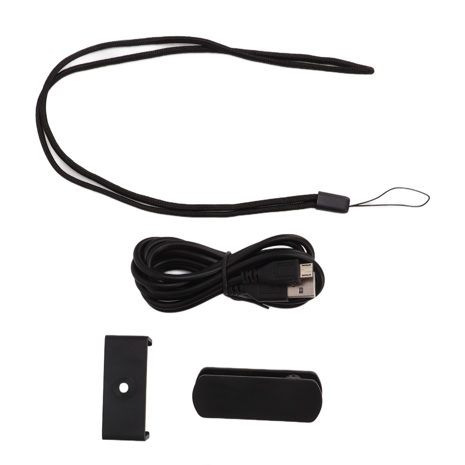 Verschiedenes schwarzes Zubehör, darunter ein Gurt, ein Kabel und zwei Befestigungsclips.