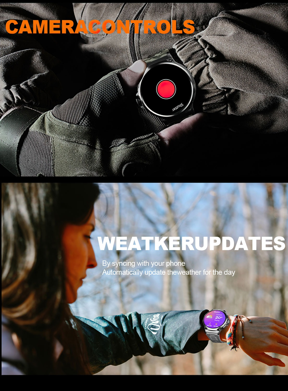 Eine Smartwatch, die Kamerasteuerung und Wetter-Updates anzeigt. Eine Person hält die Uhr.