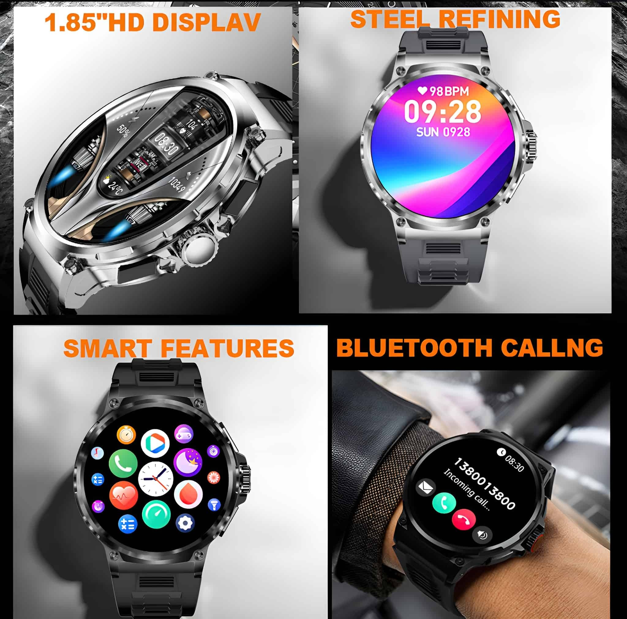 Vier Smartwatches. Anzeige von Bildschirmdetails: Uhrzeit, Herzfrequenz und eingehender Anruf.
