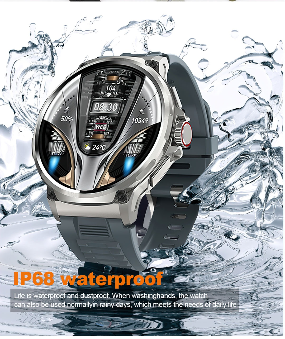 Silberne Smartwatch mit grauem Armband, Digitalanzeige mit Uhrzeit und Daten, Wasserspritzer im Hintergrund.