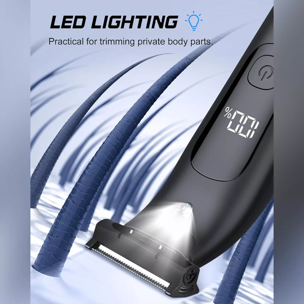 Schwarzer Trimmer mit LED-Beleuchtung und Digitalanzeige mit 100 %. Haarsträhnen im Hintergrund.