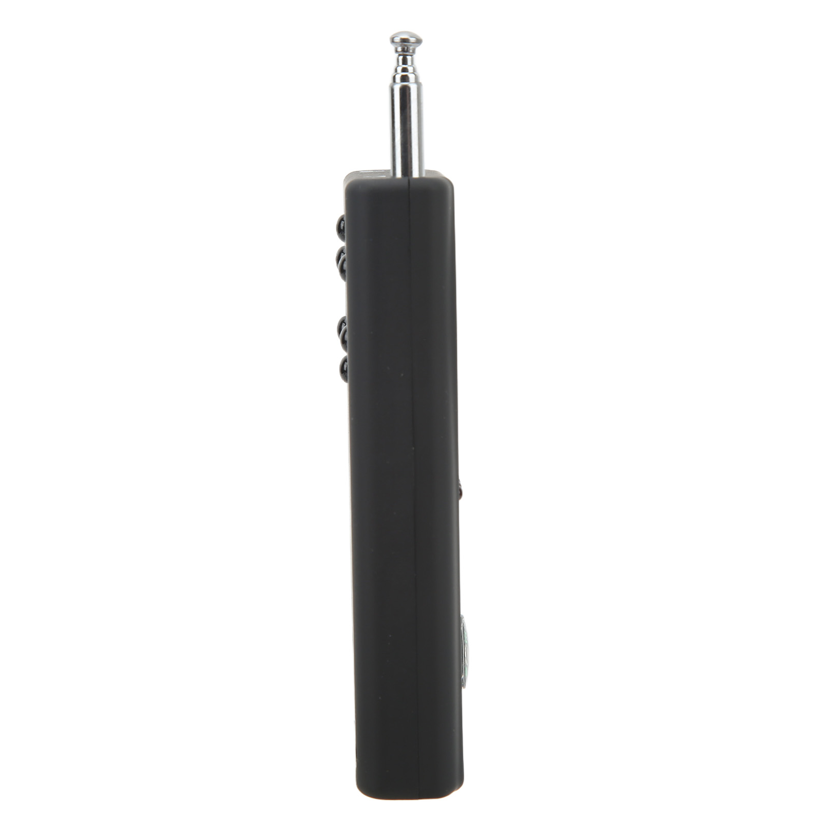 Schwarze Fernbedienung, Seitenansicht, mit Knöpfen und einer Antenne.