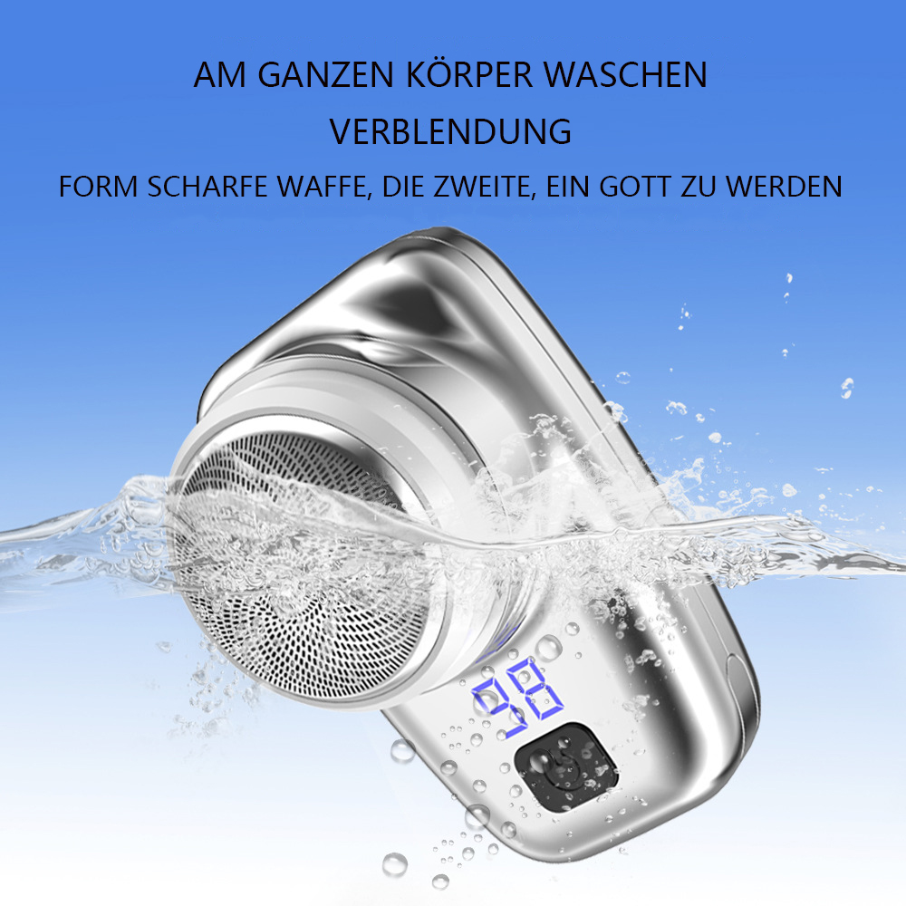 Ein silberner Elektrorasierer ist in Wasser getaucht. Ein digitales Display zeigt '98'. Blasen sind zu sehen.