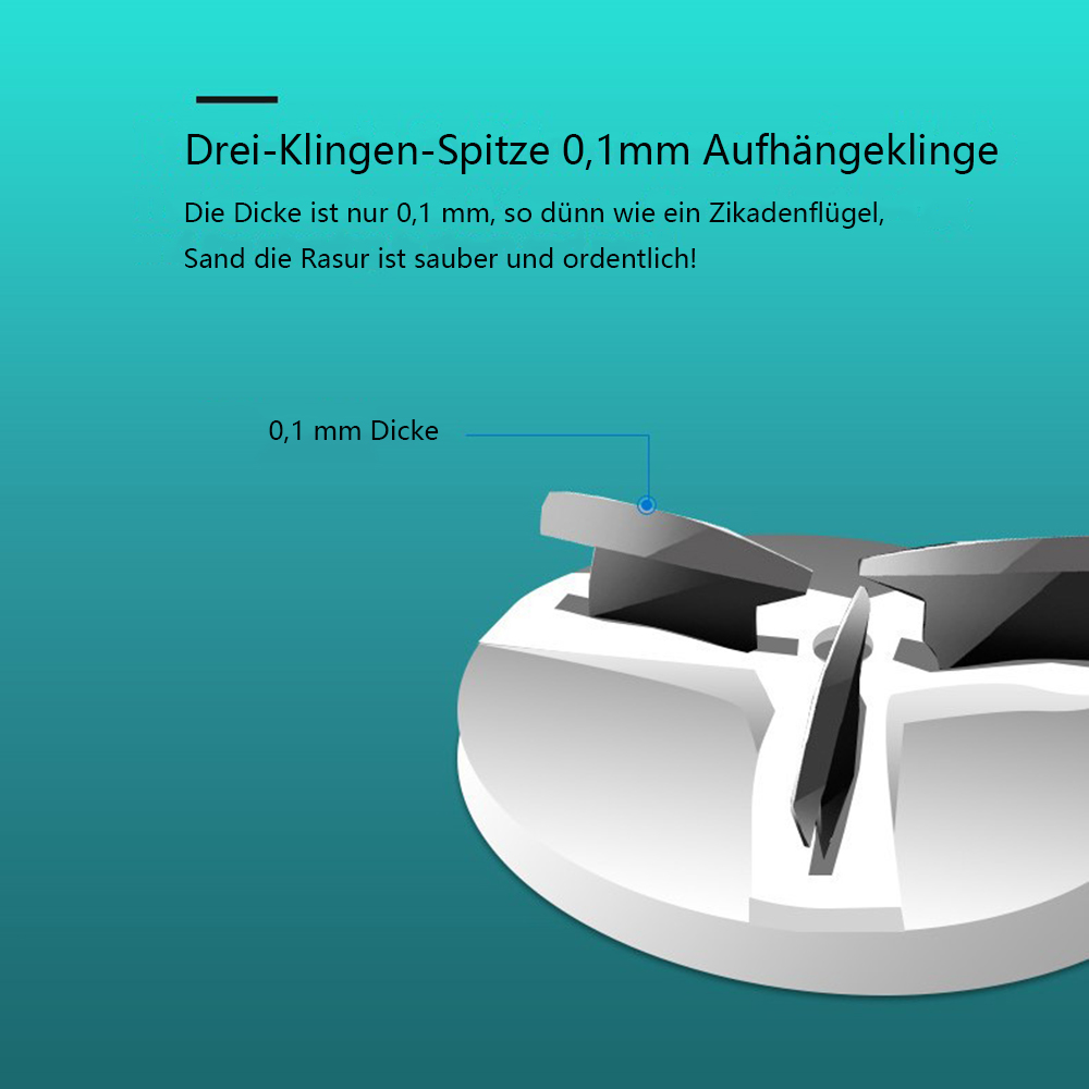 Nahaufnahme eines Rasierklingenkopfes. Er hat drei Klingen und Text auf Deutsch.
