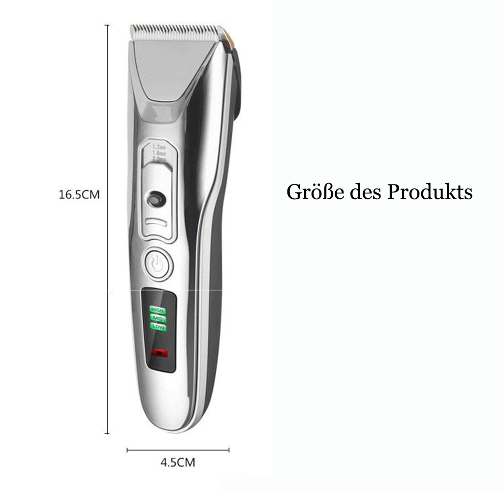 Silberner Haarschneider mit Maßen und Betriebsanzeigen. Text lautet 'Größe des Produkts'.