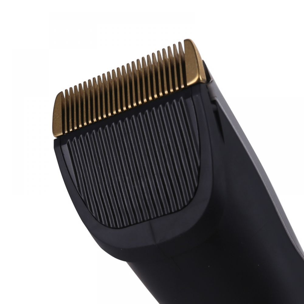 Nahaufnahme einer schwarzen Haarschneidemaschinenklinge mit goldenen Zähnen. Die Klinge ist auf weißem Hintergrund.
