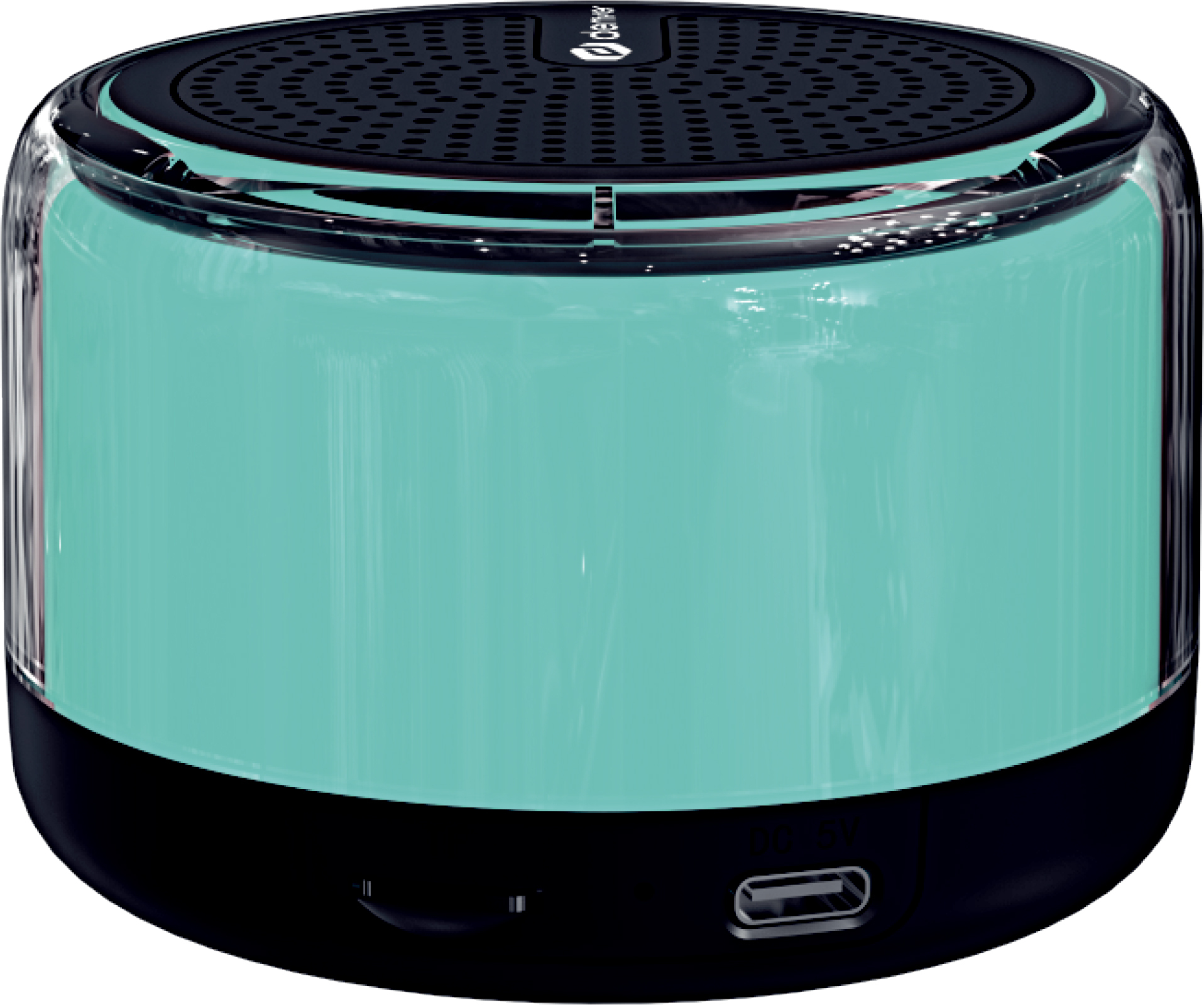 Mały, turkusowy, cylindryczny głośnik z czarnymi akcentami i portem ładowania.