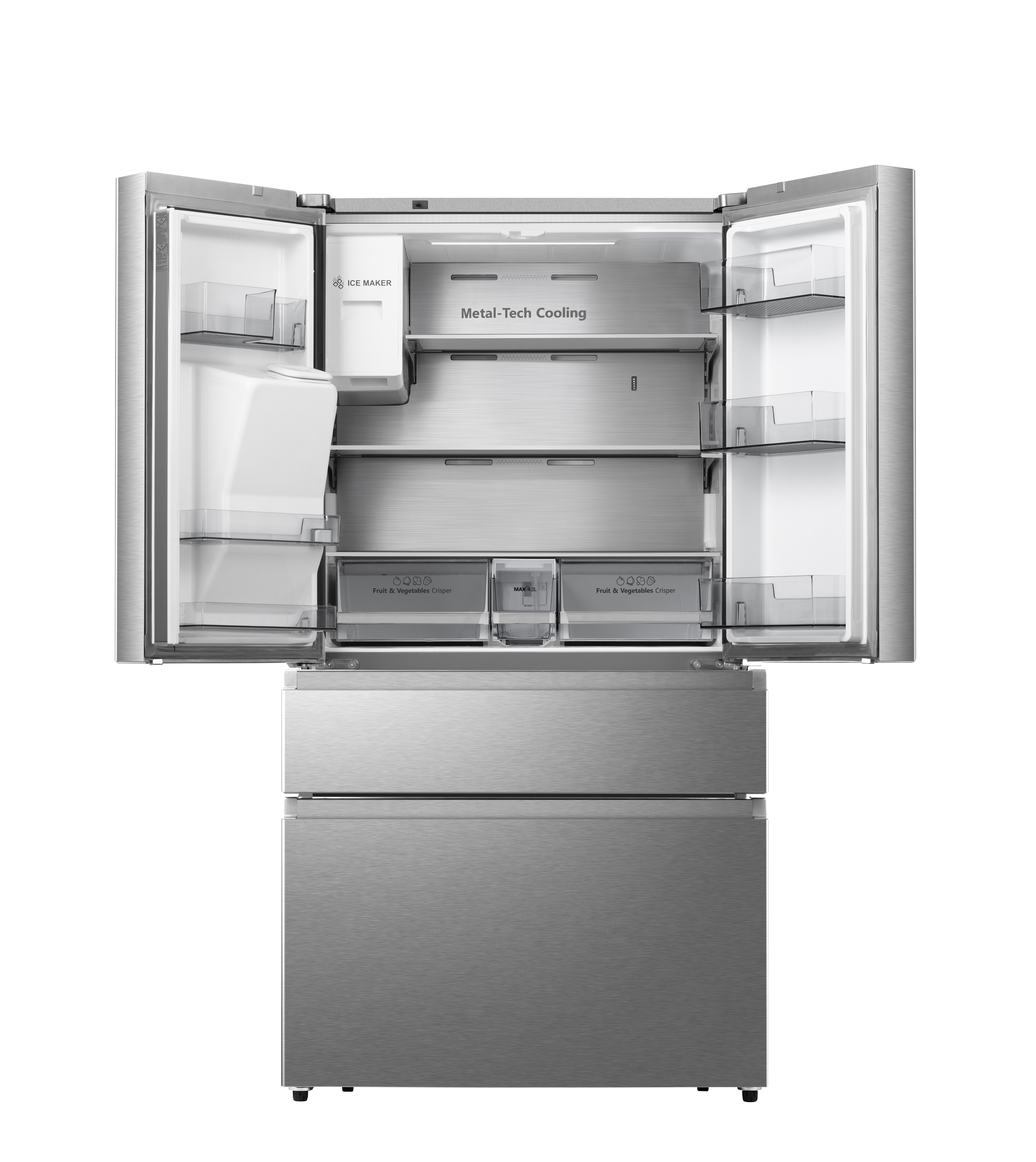 Edelstahlkühlschrank mit geöffneten Türen, die Innenregale, Schubladen und Eisbereiter zeigen.