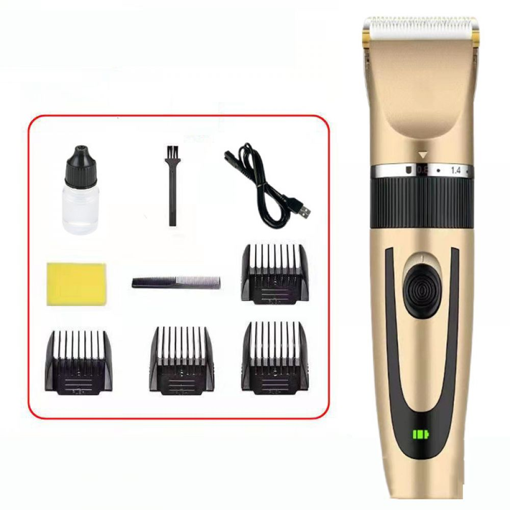 Ein goldener Haarschneider und Zubehör, darunter Öl, Bürste, Schwamm, Kamm und Aufsätze, werden auf Weiß angezeigt.