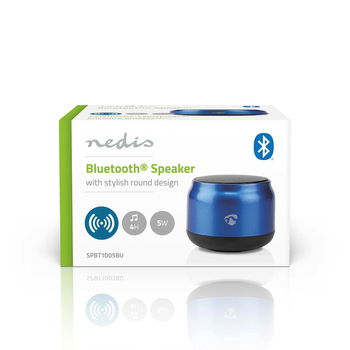 Blaue und weiße Lautsprecherbox mit dem Markennamen 'nedis' und Bluetooth-Symbol.