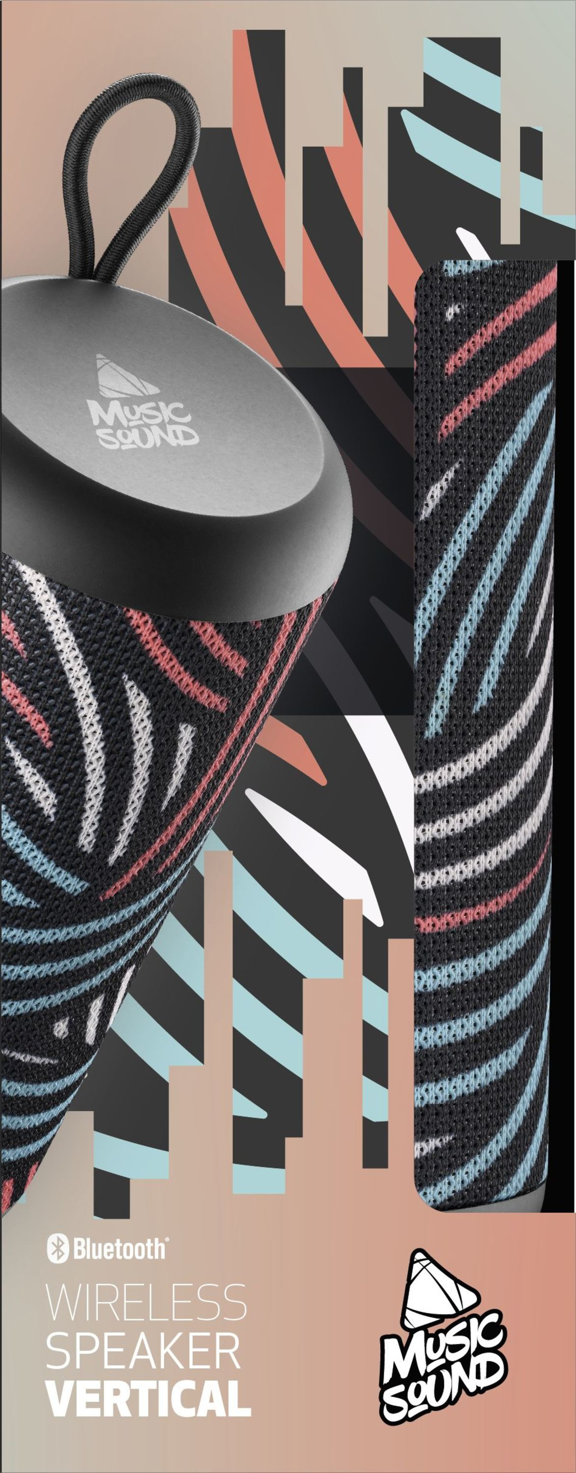 Pionowy baner czarnego głośnika bezprzewodowego z białymi, czerwonymi i niebieskimi wzorami.