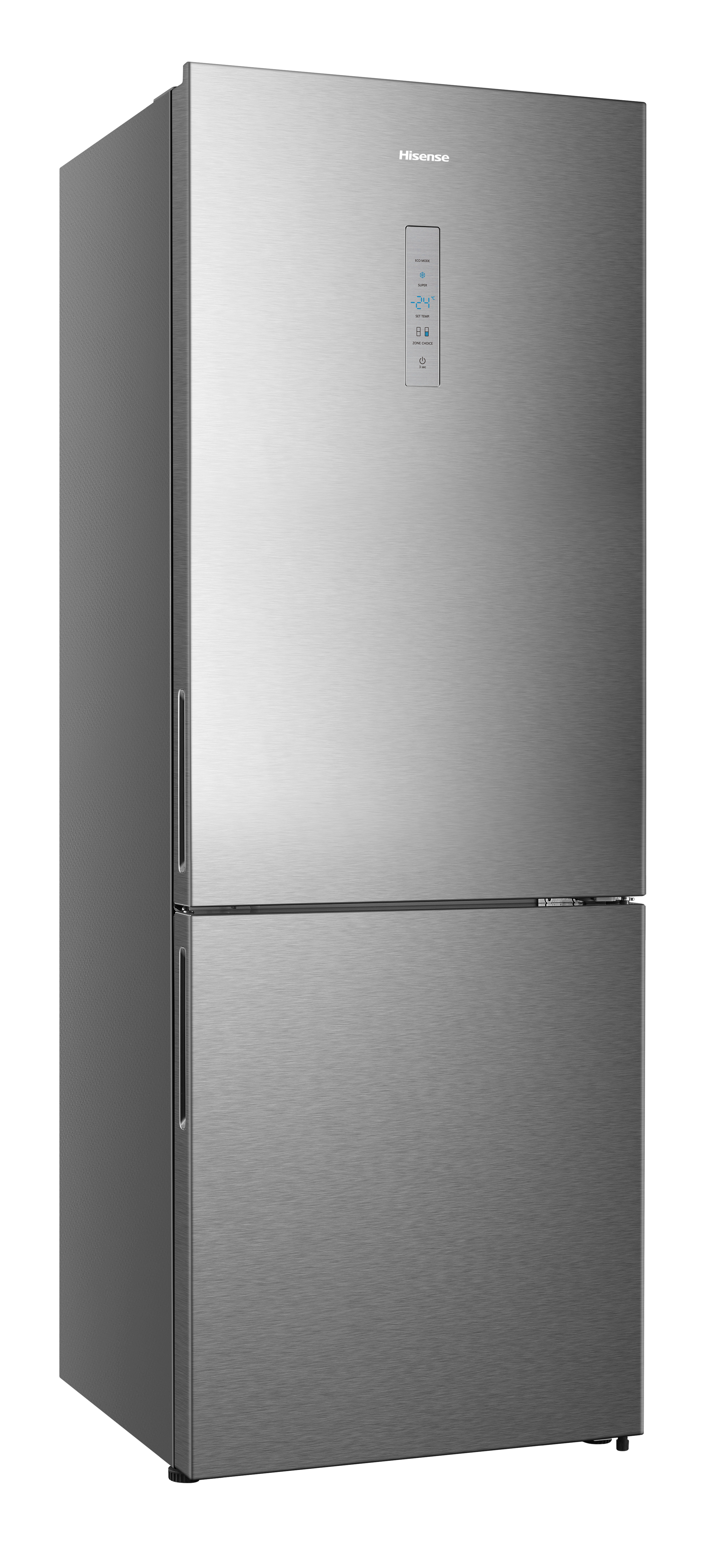 Kühlschrank aus Edelstahl. Zwei Türen, Digitalanzeige und Hisense-Logo.