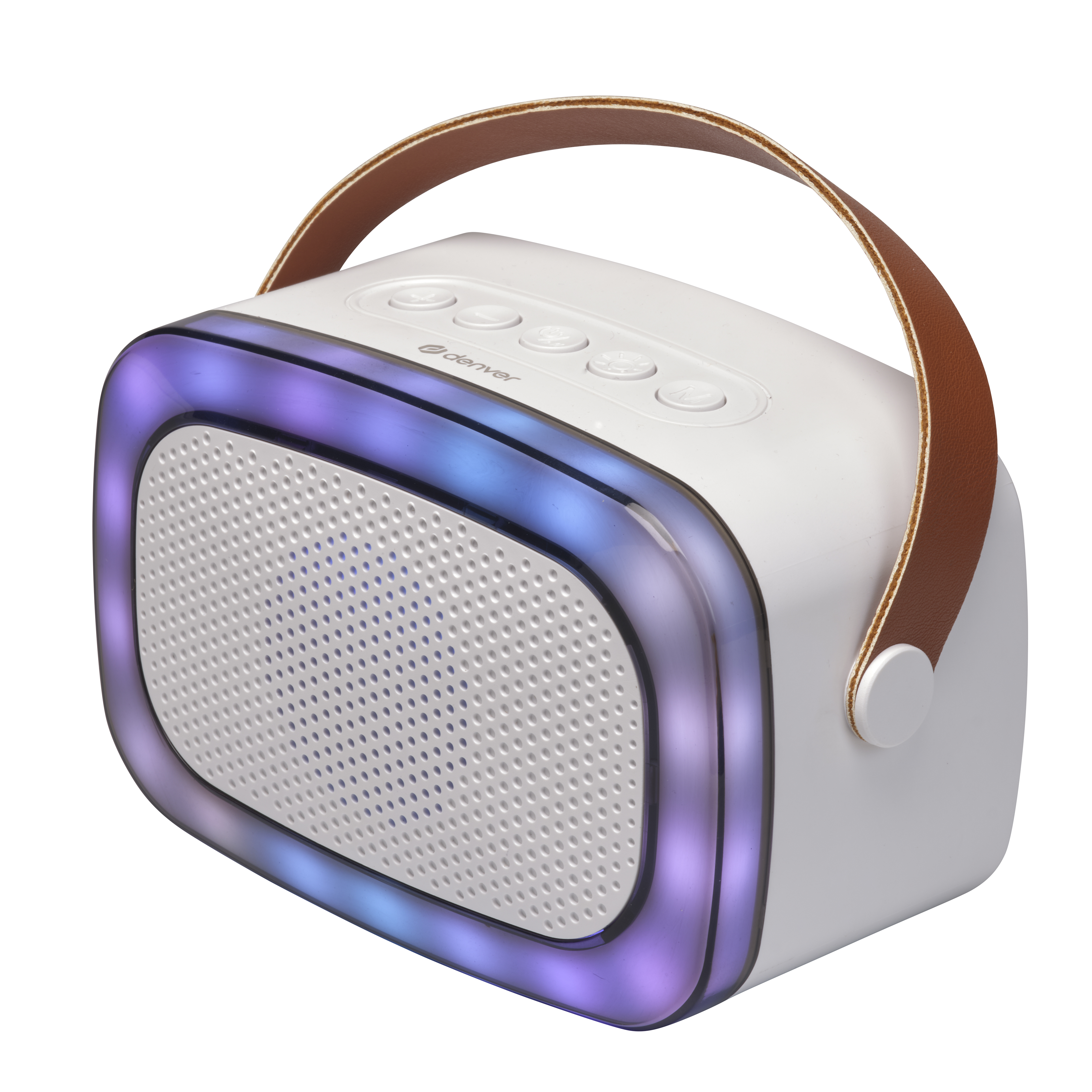 Altavoz portátil blanco con asa marrón y detalles de iluminación púrpura.