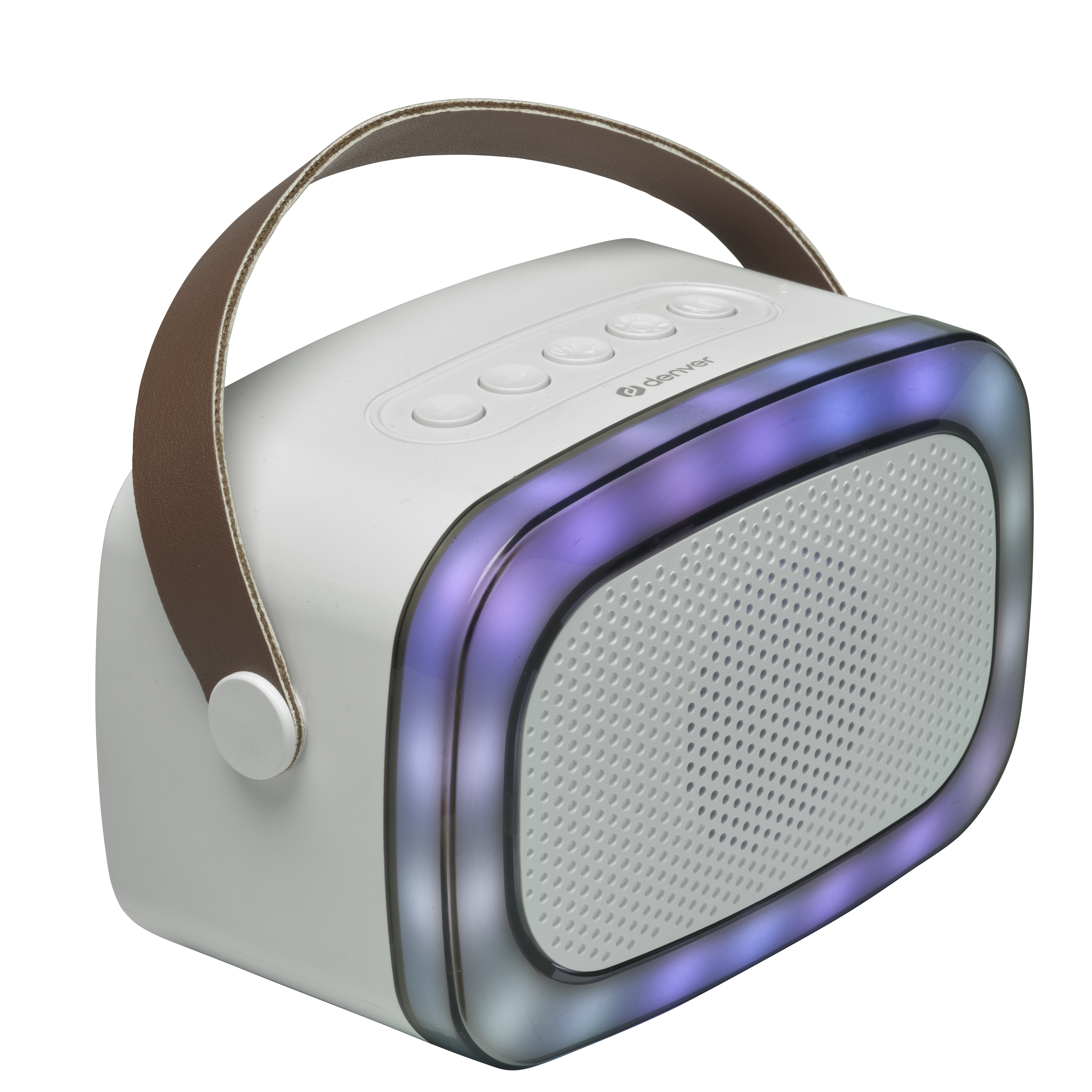 Un altavoz portátil blanco con asa marrón y luces.