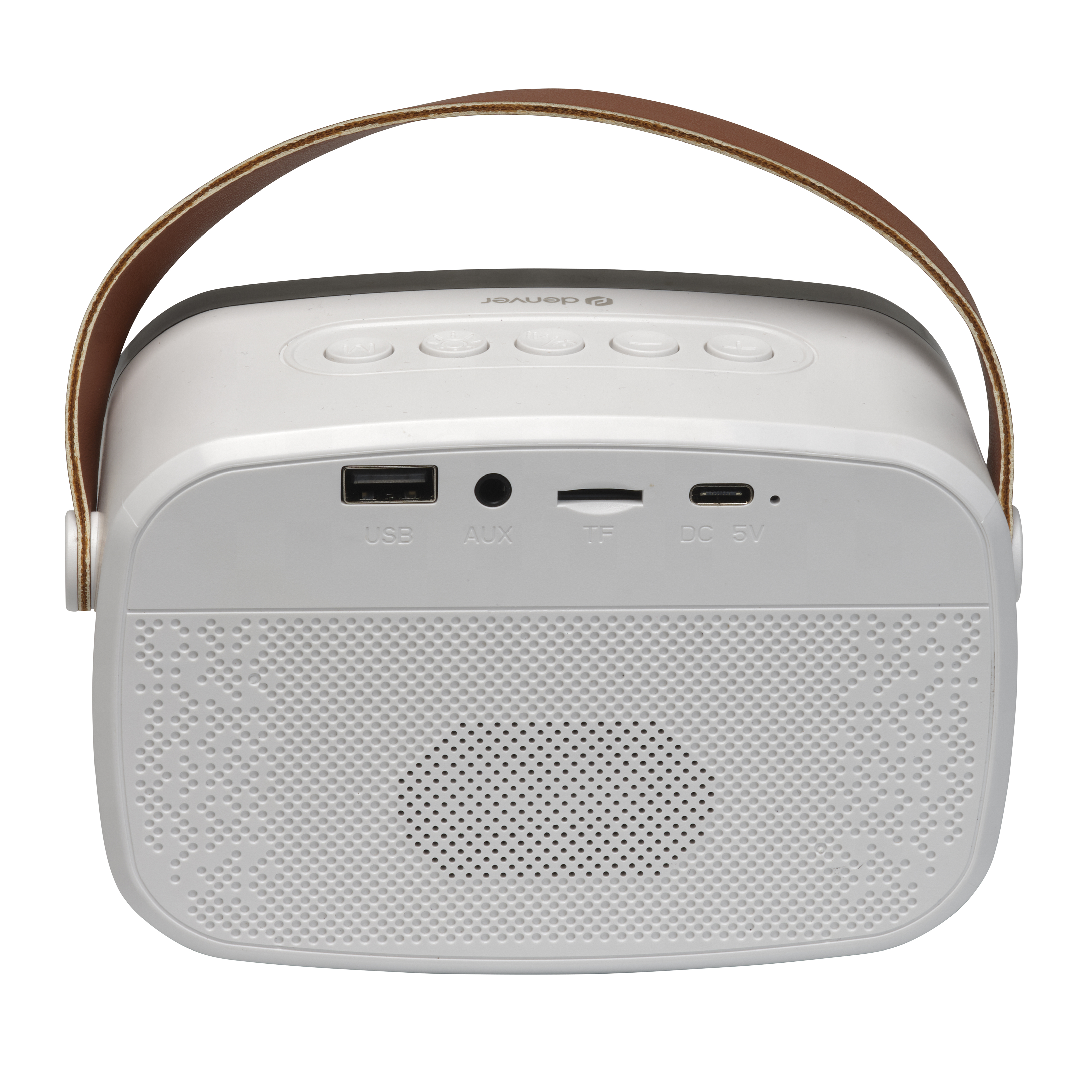 Altavoz portátil blanco con asa y puertos.