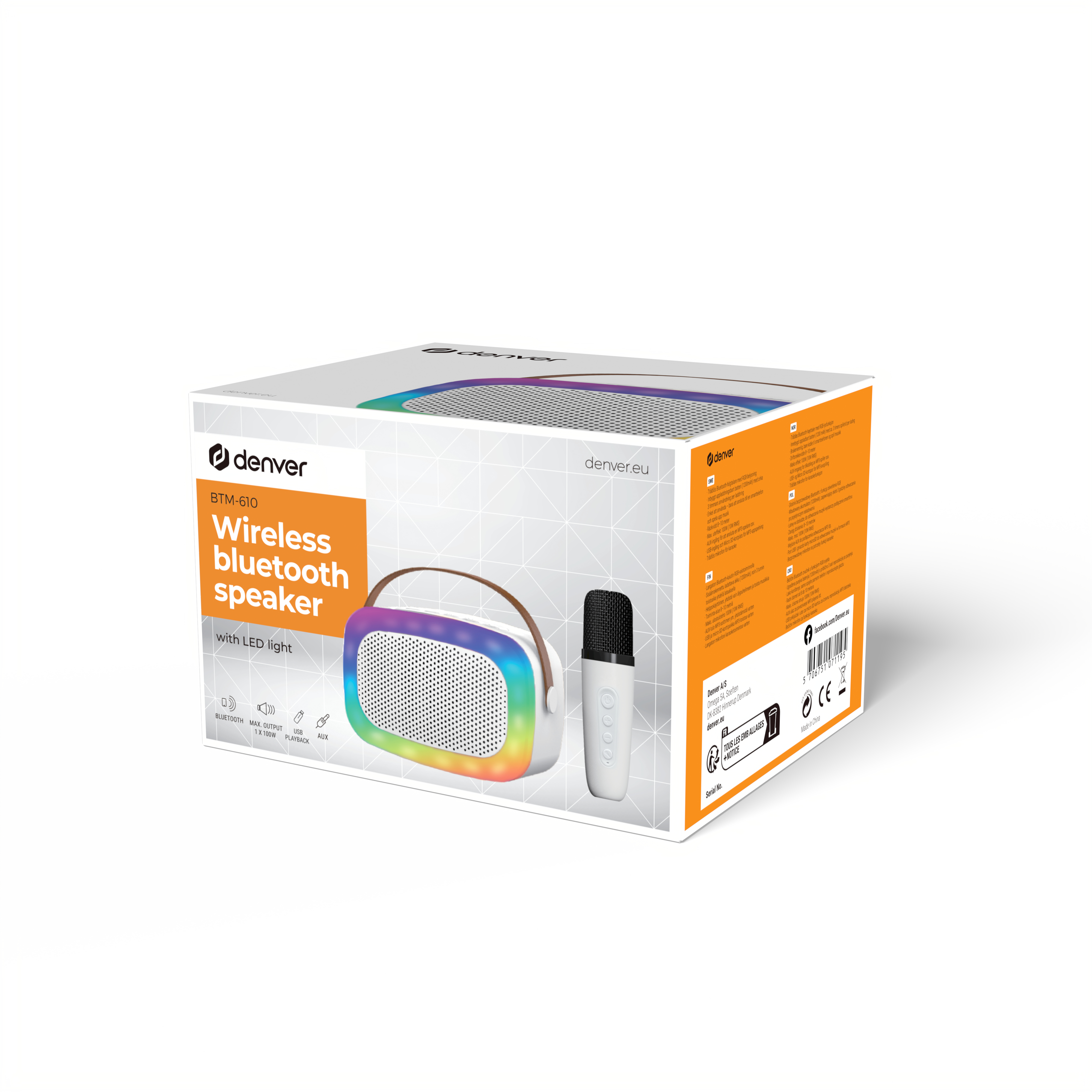 Caja de altavoz bluetooth inalámbrico Denver, mostrando altavoz, micrófono y características.
