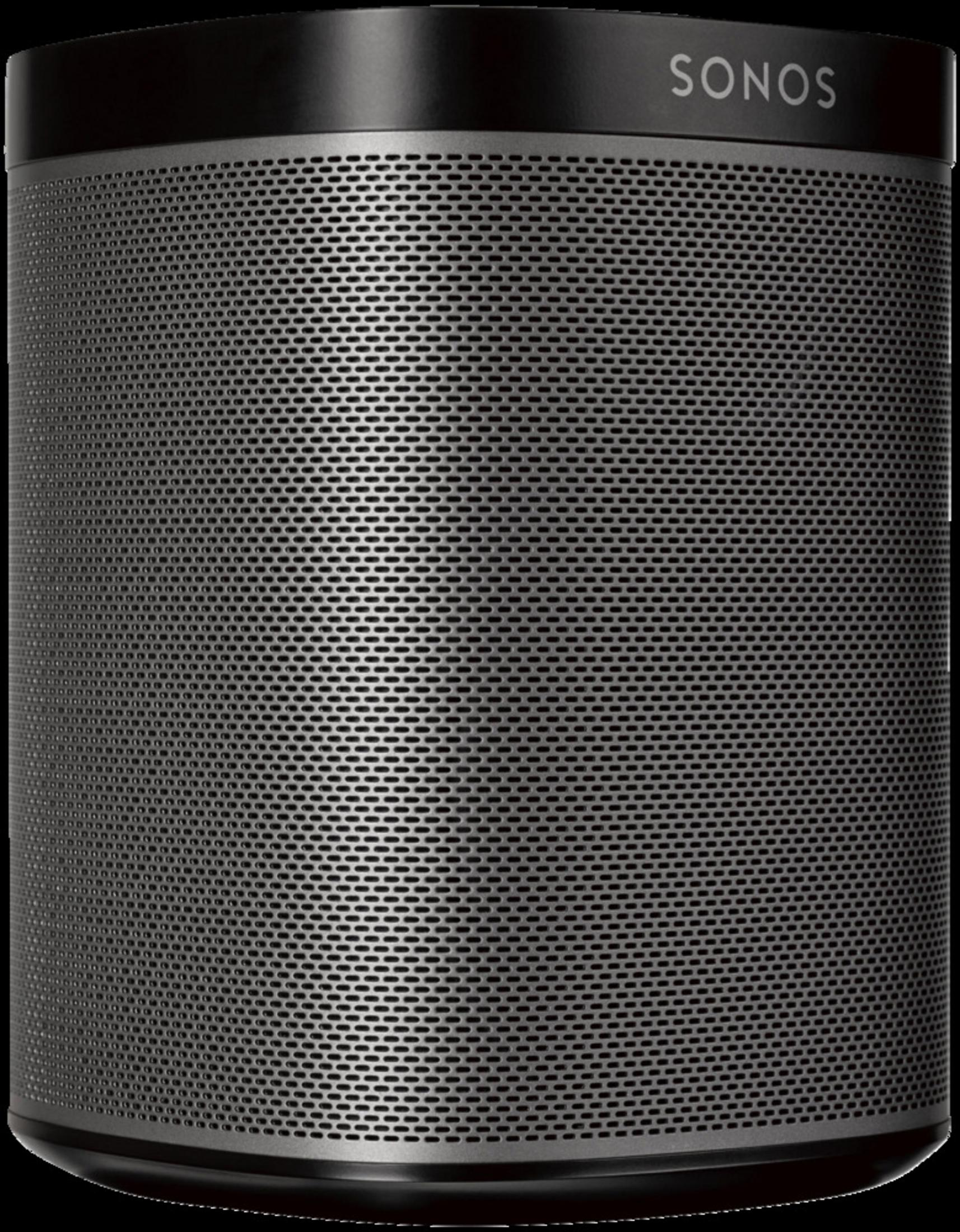 Ein schwarzer, zylindrischer SONOS-Lautsprecher. Er hat ein perforiertes Metallgitter und eine flache, schwarze Oberseite.