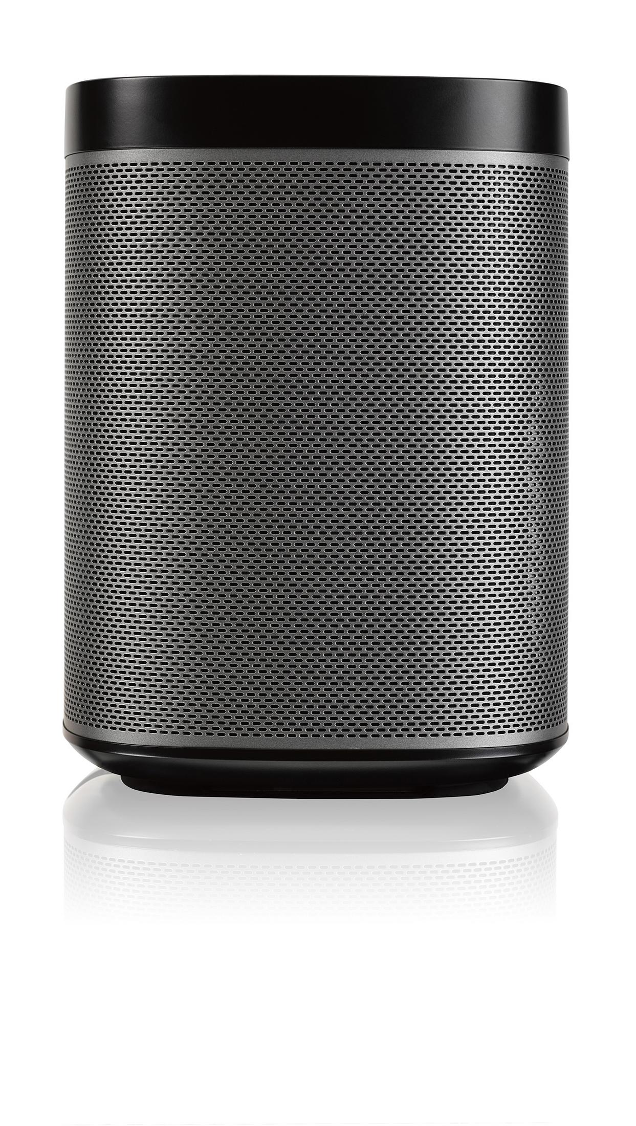 Silberner zylindrischer Lautsprecher mit schwarzem Ober- und Unterteil, Mesh-Design, auf weißem Hintergrund.
