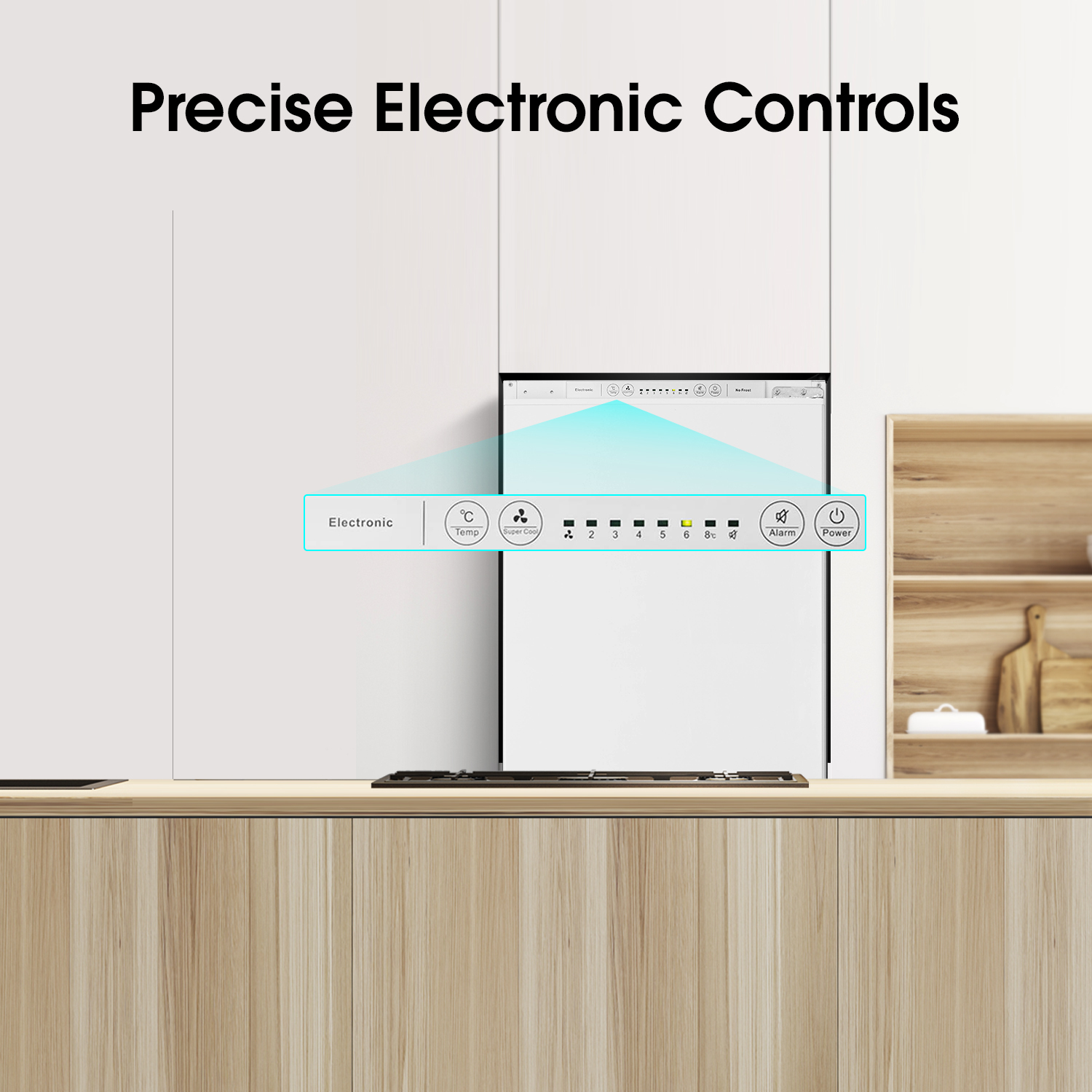 Controlli elettronici precisi su un elettrodomestico bianco con piano di lavoro in legno.