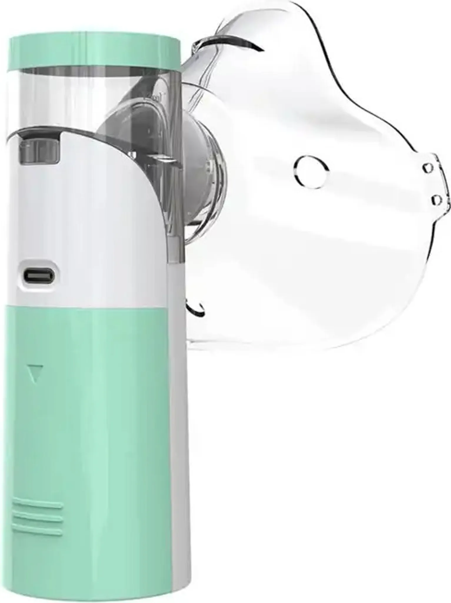 Ein weißer und grüner Vernebler mit aufgesetzter Maske, auf weißem Hintergrund.