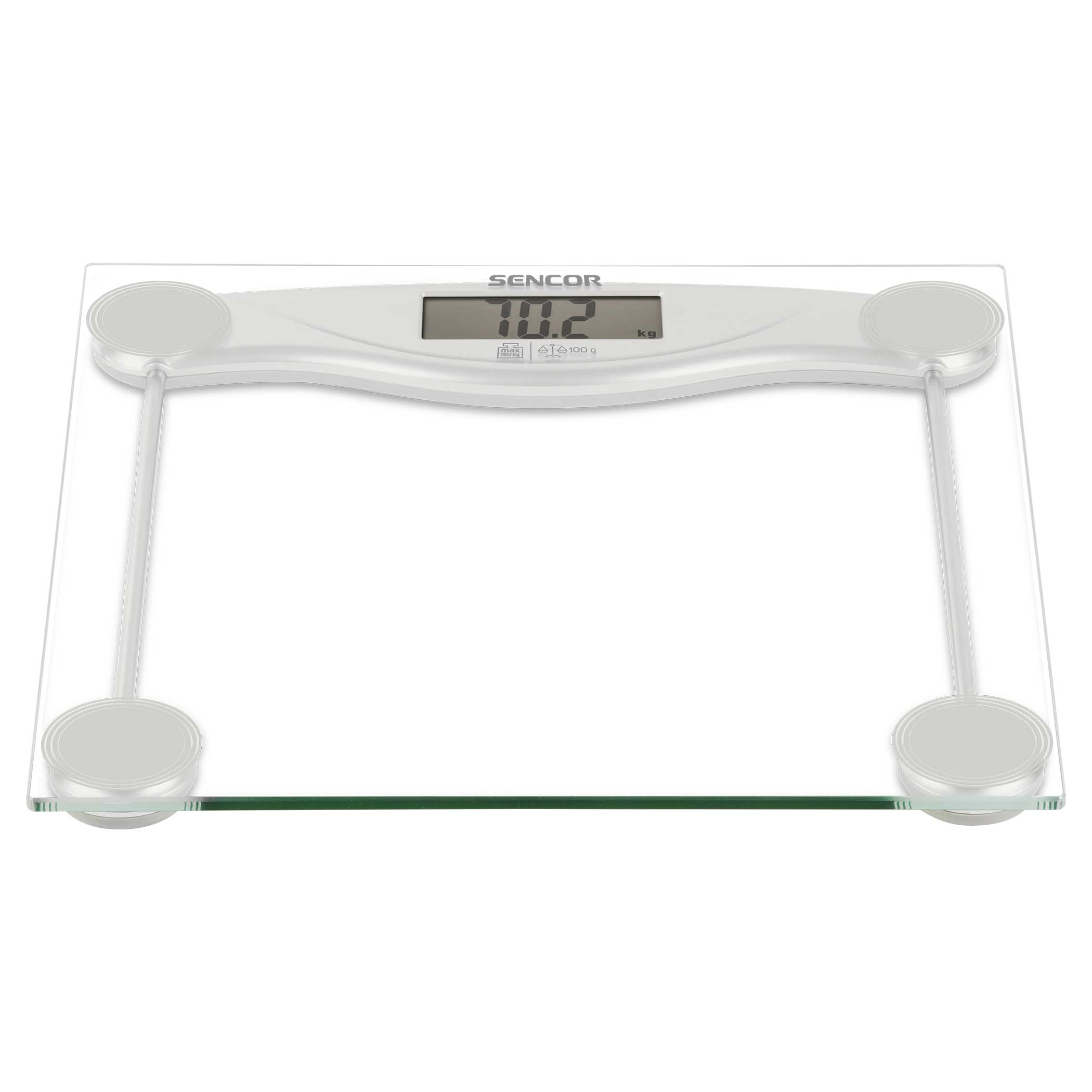 Widok z boku na białą i przezroczystą wagę cyfrową z nazwą SENCOR.