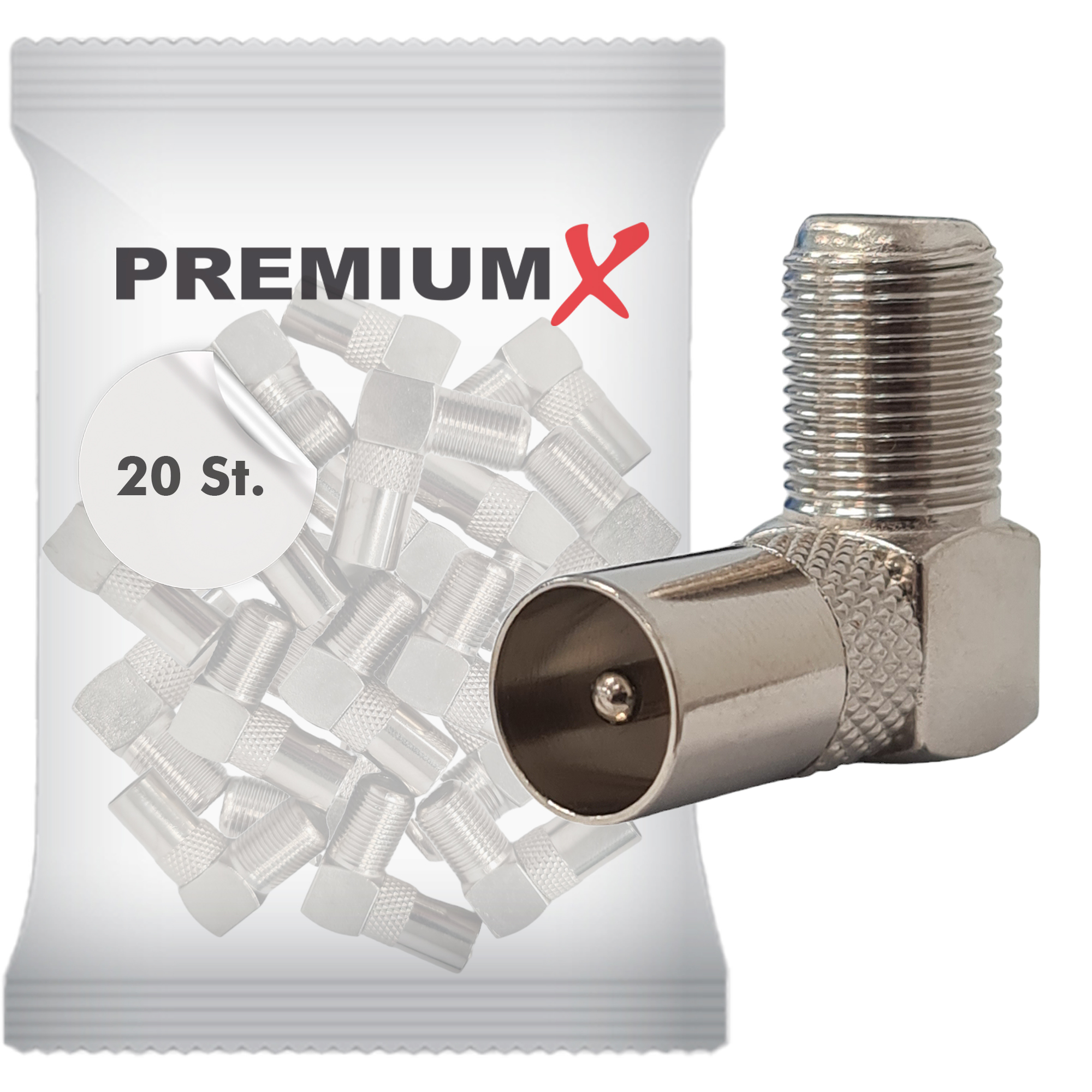 Eine Tüte mit mehreren silbernen Steckern. Text auf der Tüte: PREMIUMX und 20 St.
