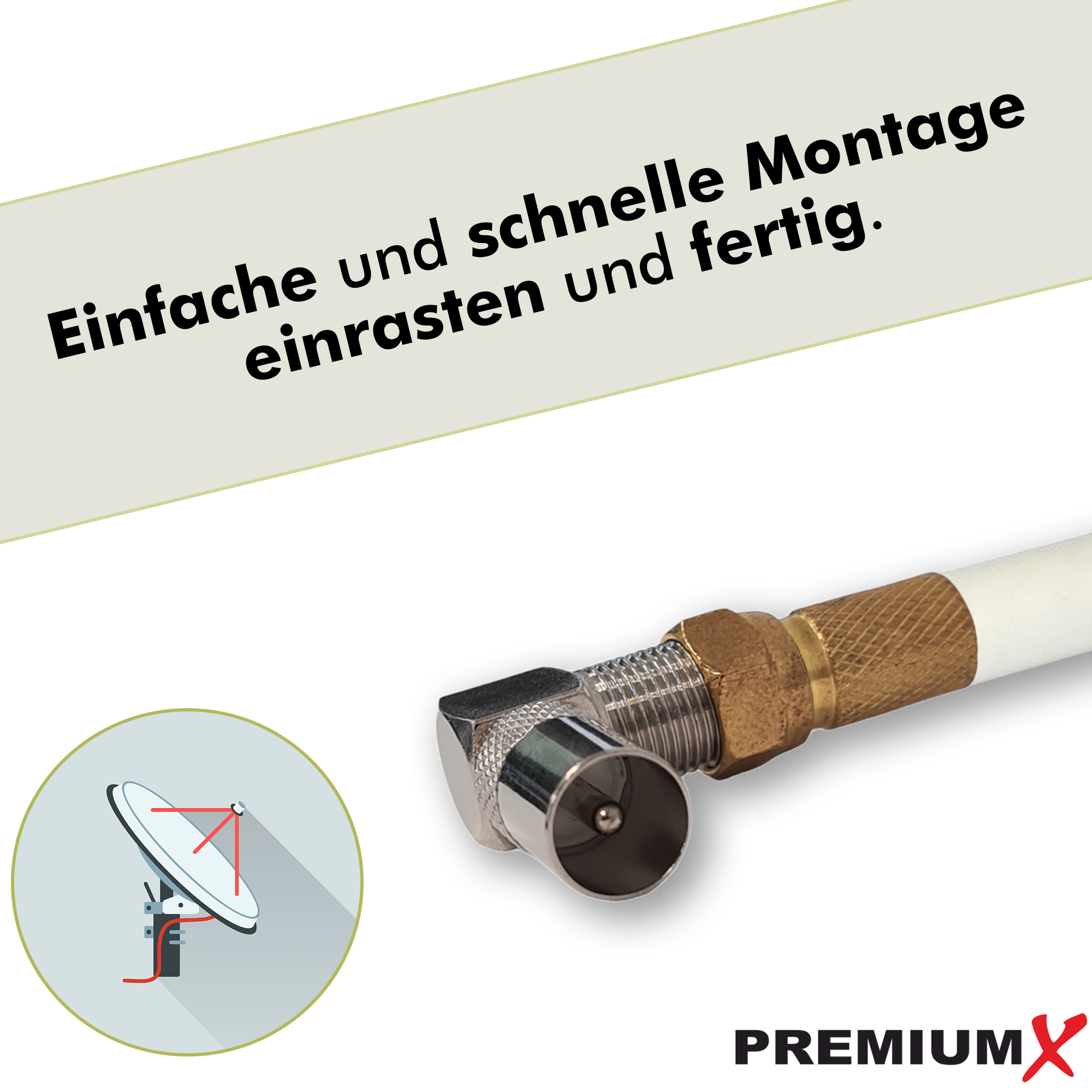 Weißer Kabelanschluss mit deutschem Text. Eine Satellitenschüssel ist in einem Kreis abgebildet.