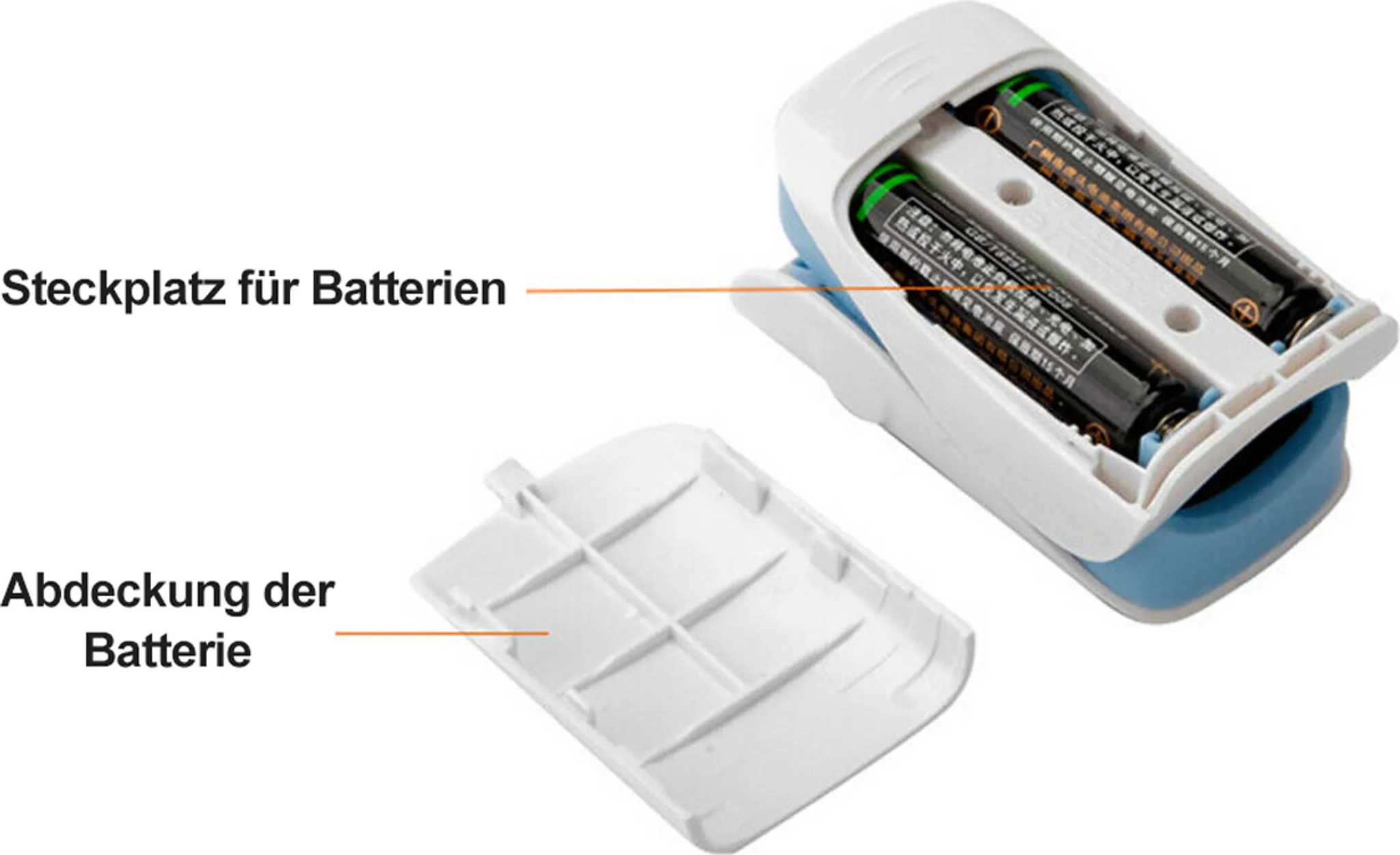 Ein geöffnetes Batteriefach mit zwei AA-Batterien und der Abdeckung daneben.