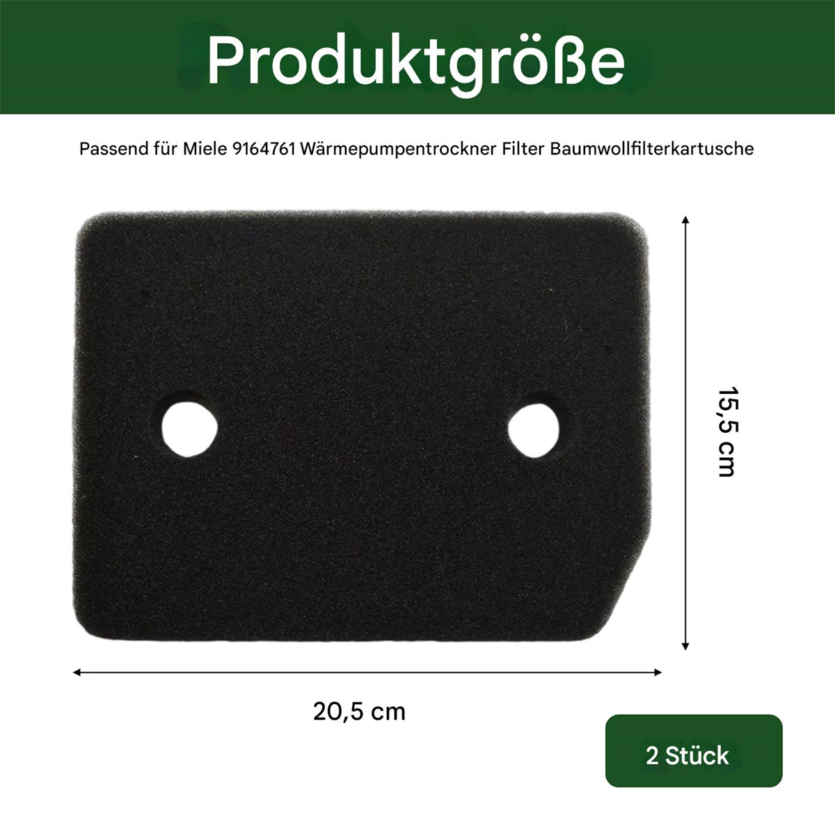 Schwarzer rechteckiger Filter mit zwei Löchern, Maße 20,5x15,5 cm. Text: 'Produktgröße'.