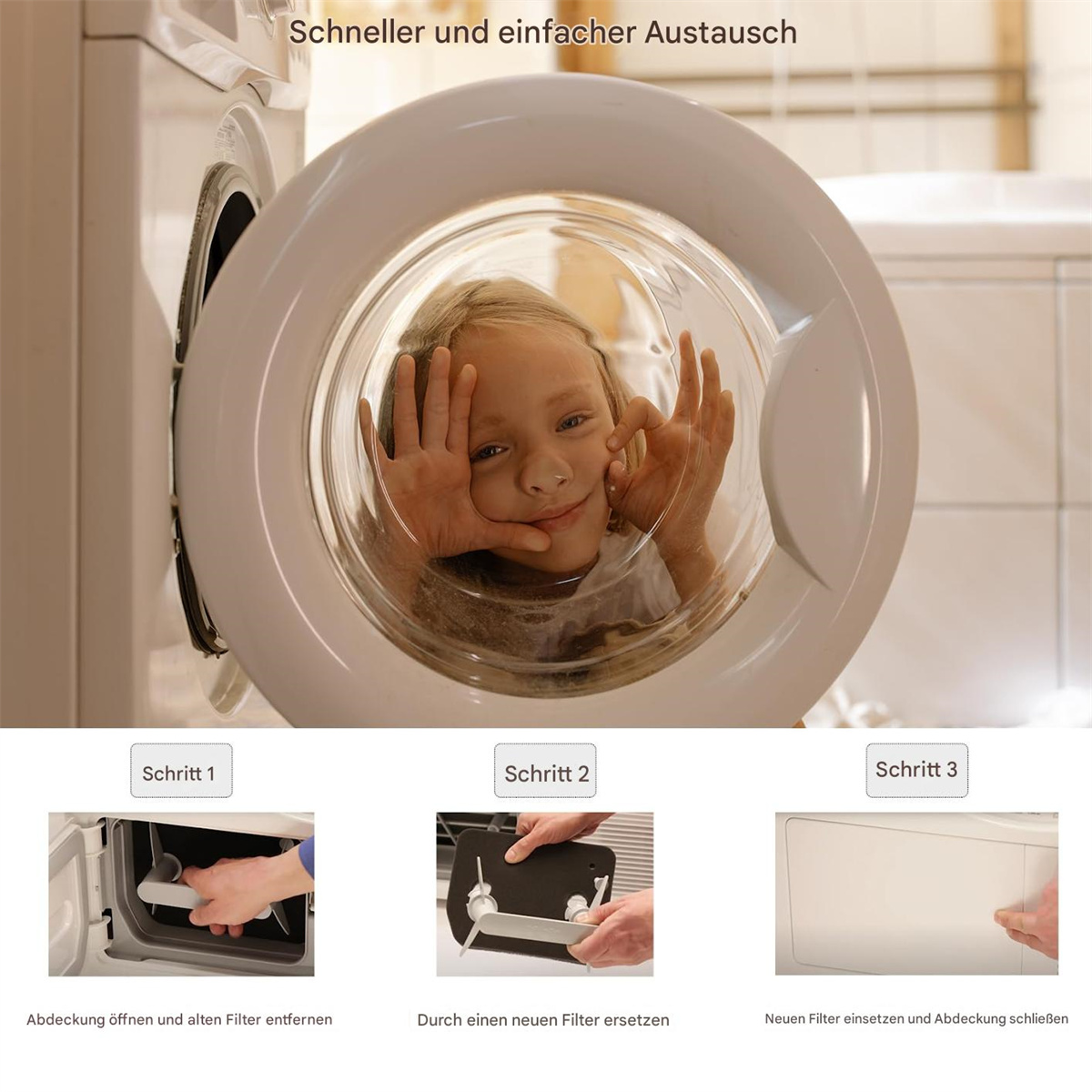 Mädchen in der Waschmaschine, Schritte zum Austausch des Waschmaschinenfilters mit Text auf Deutsch.