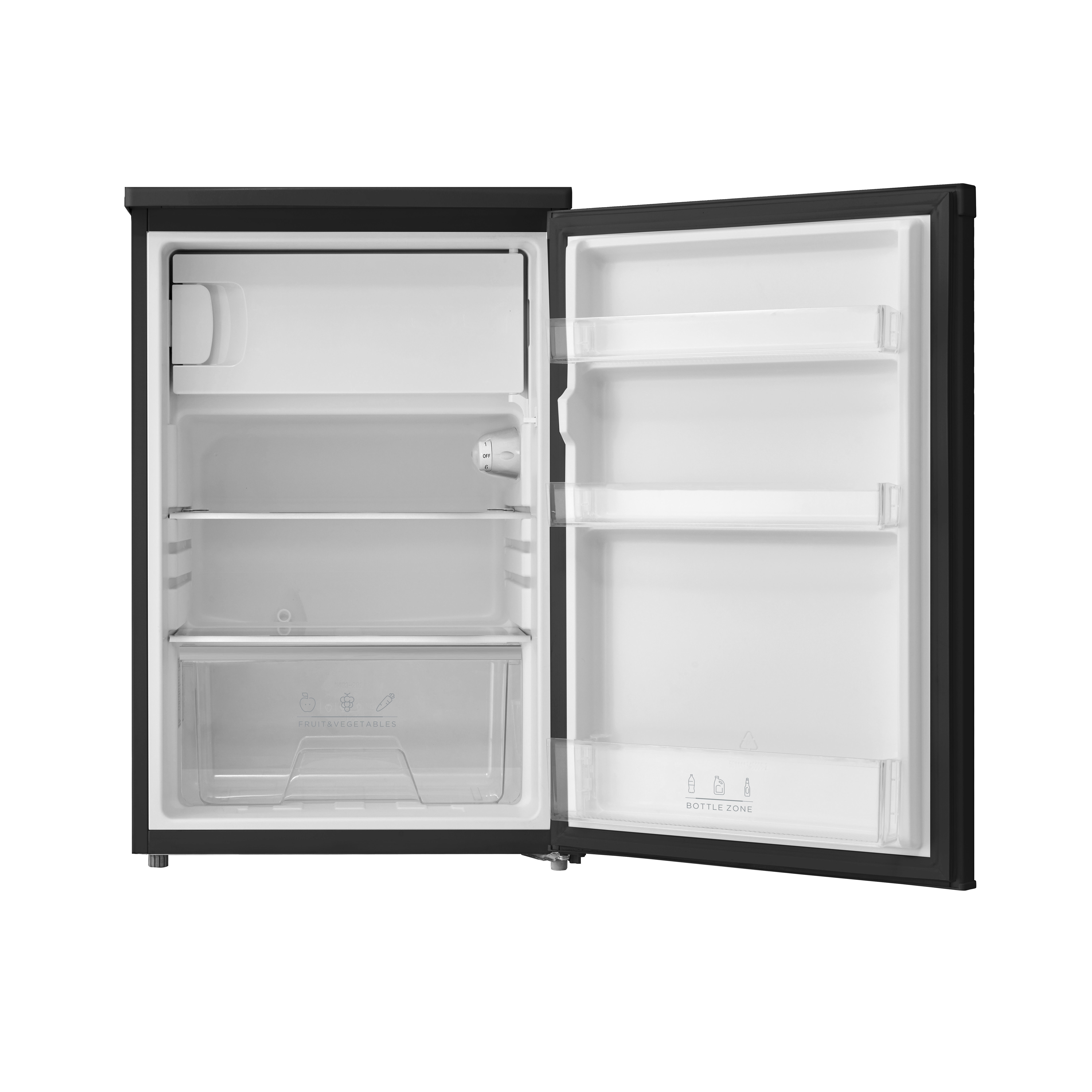 Empty refrigerator with open door, showing shelves, a drawer, and a bottle zone.