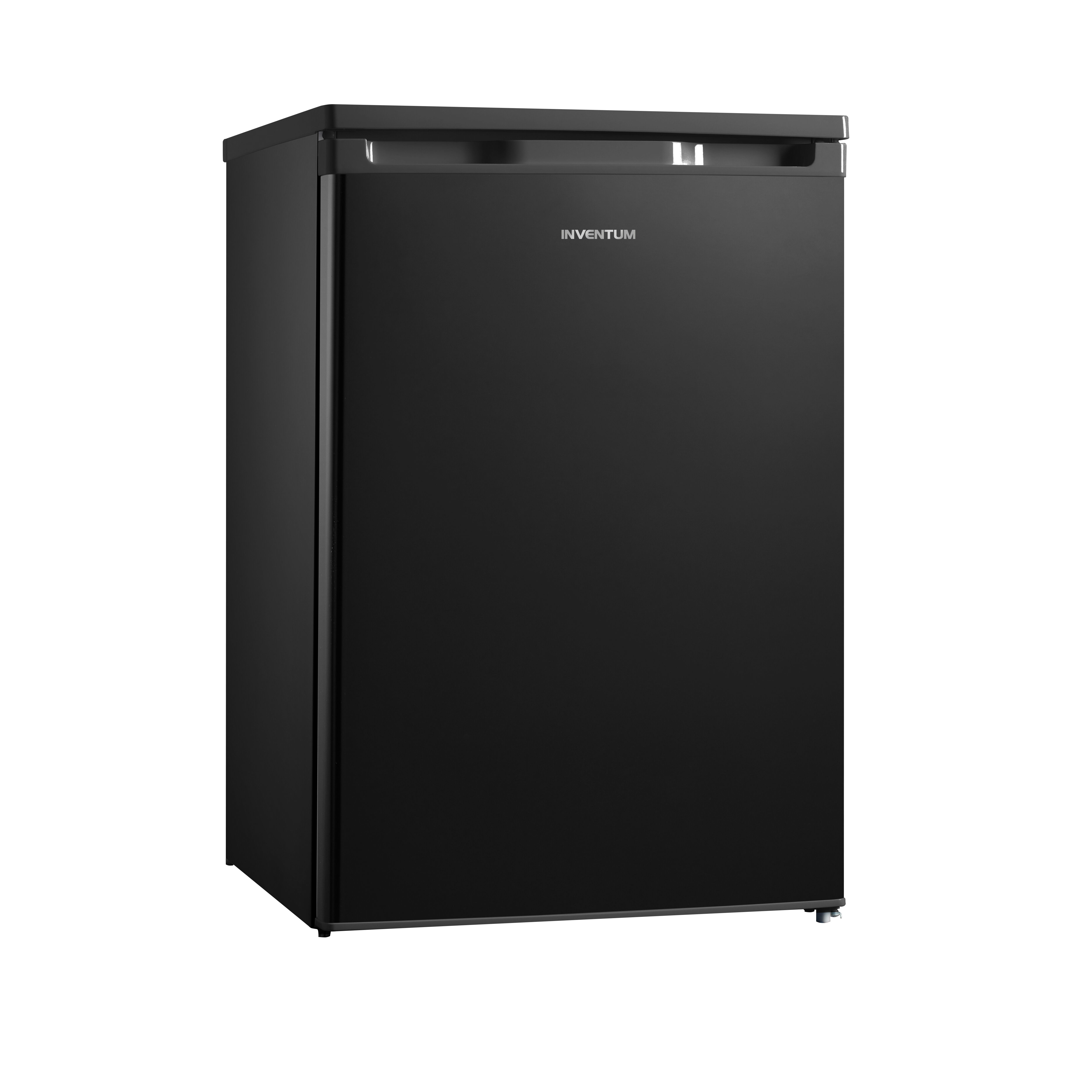 Black fridge on white background.