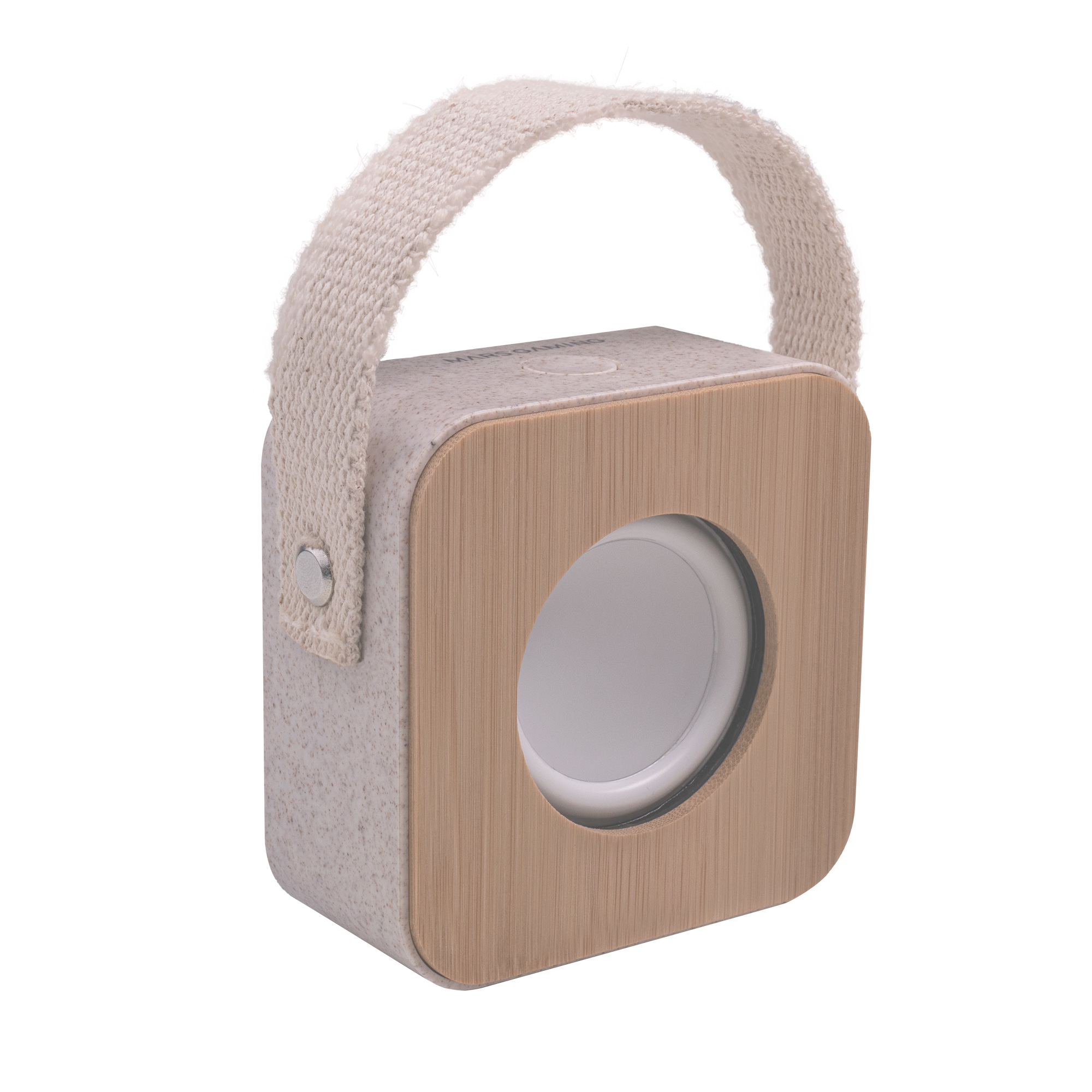 Een draagbare luidspreker met een bruine houten voorkant, witte luidspreker en beige stoffen handvat.