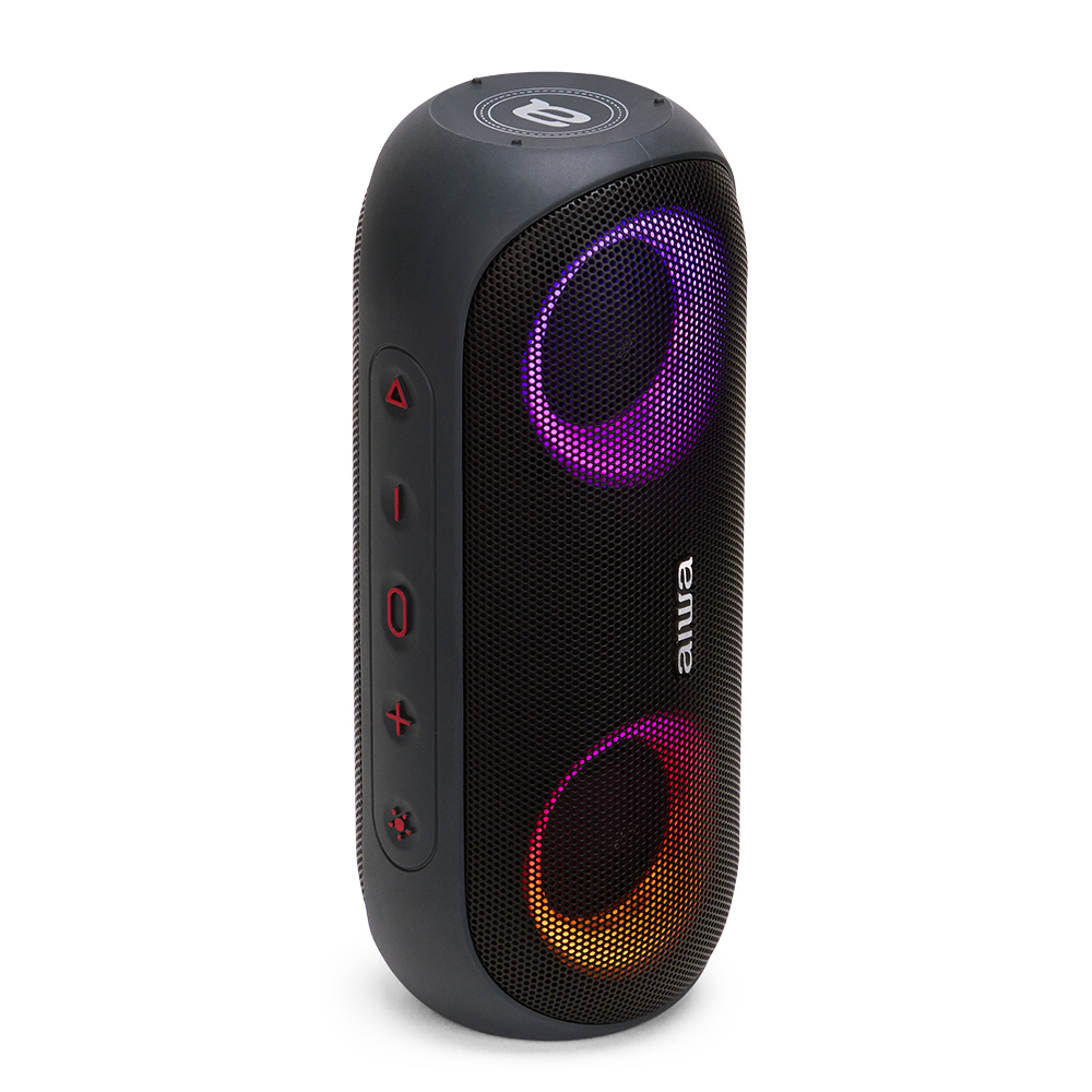 Un altavoz negro cilíndrico con luces de colores. Los botones están en el lateral. La marca es AIWA.