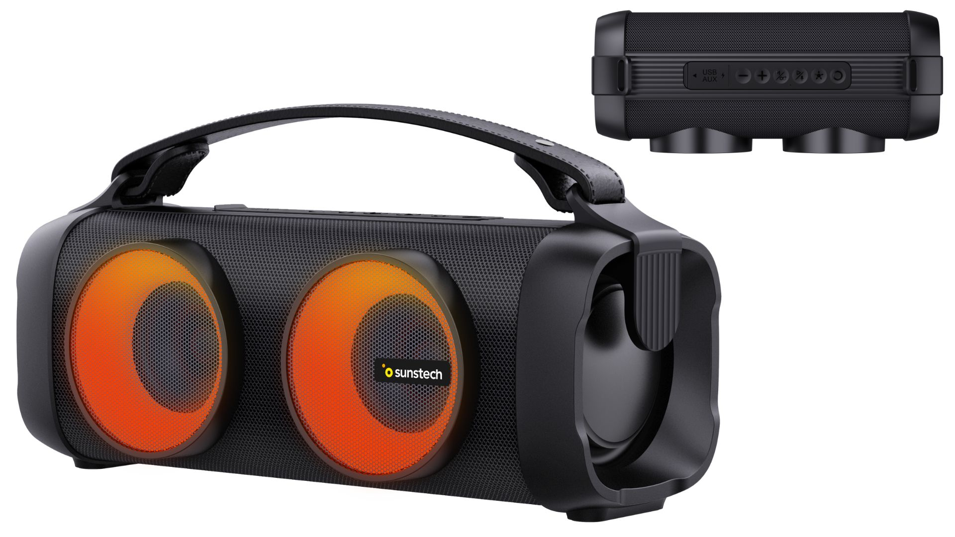 Czarny głośnik z pomarańczowymi maskownicami, uchwytem i panelem sterowania na górze.