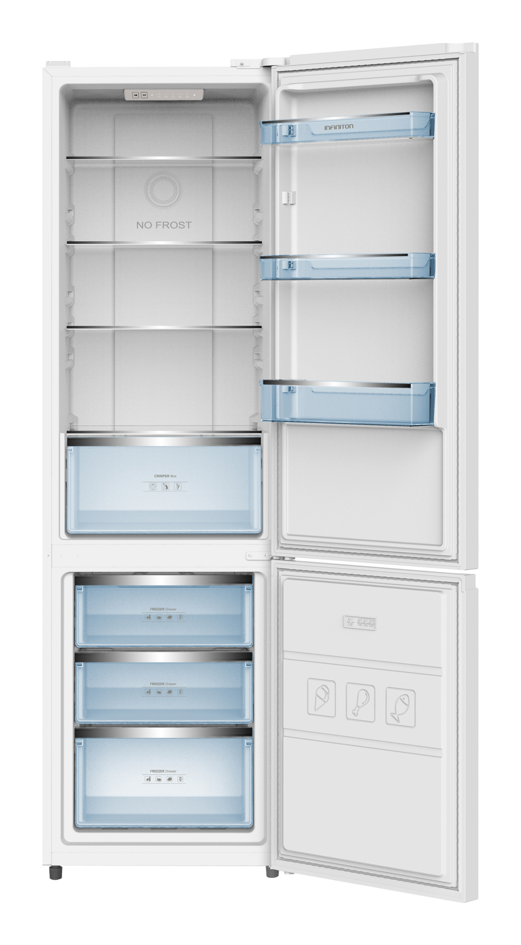 Un refrigerador blanco con la puerta abierta. Hay estantes, cajones y una sección de congelador en el interior.