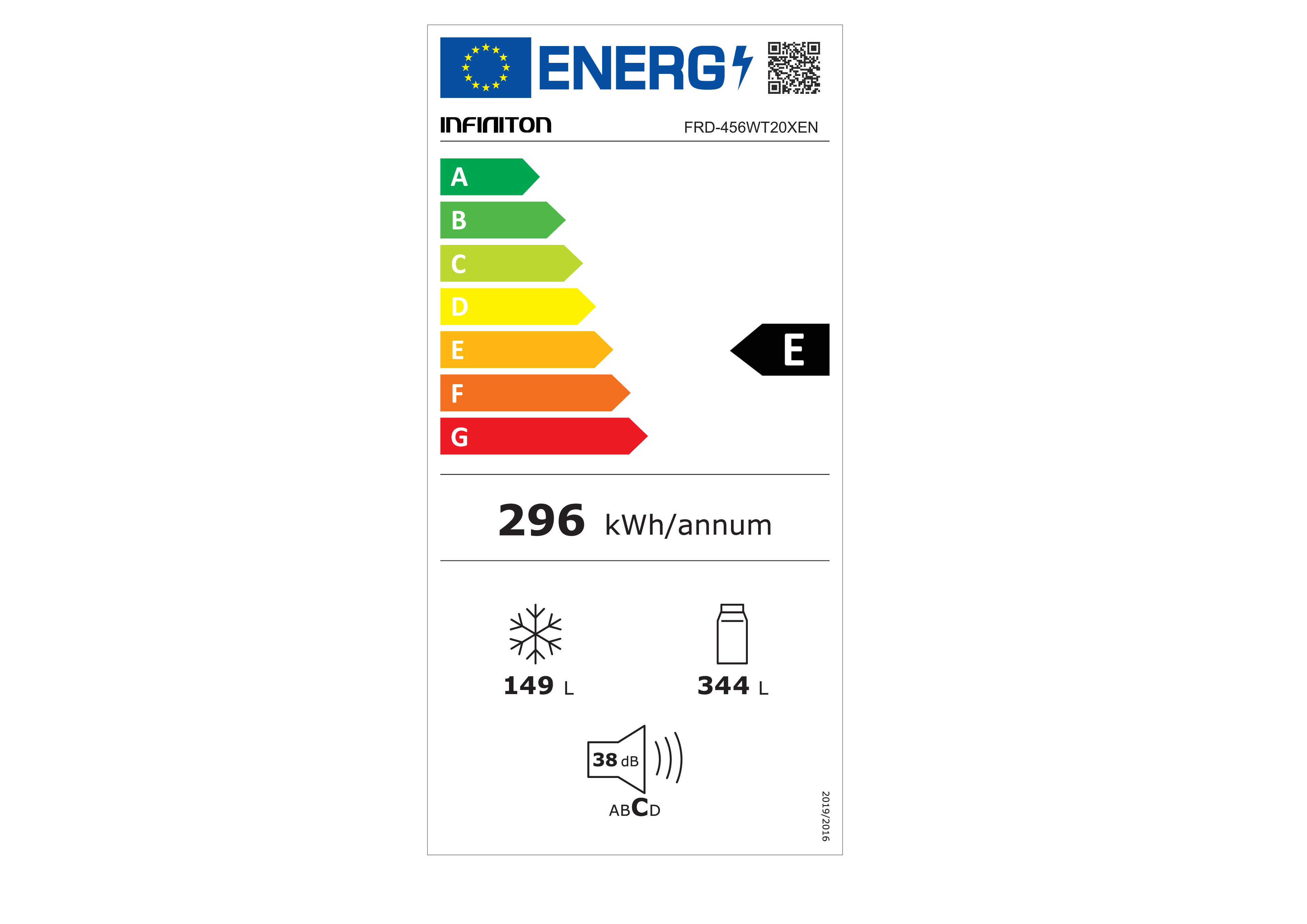 Etiqueta energética mostrando eficiencia energética. La etiqueta indica una calificación E, con detalles.