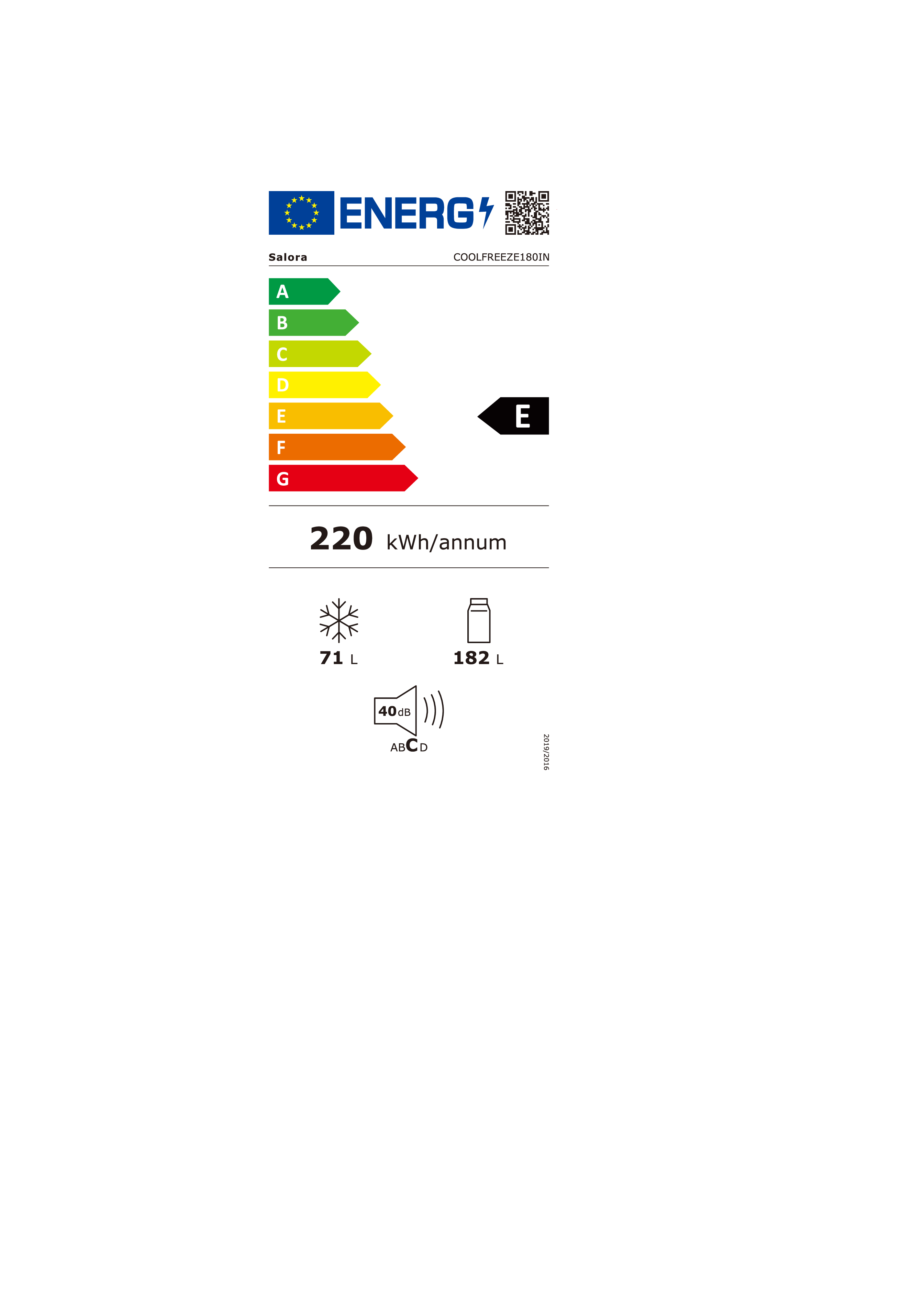 Energy label for a refrigerator, with an E rating. Displays volume and energy consumption.