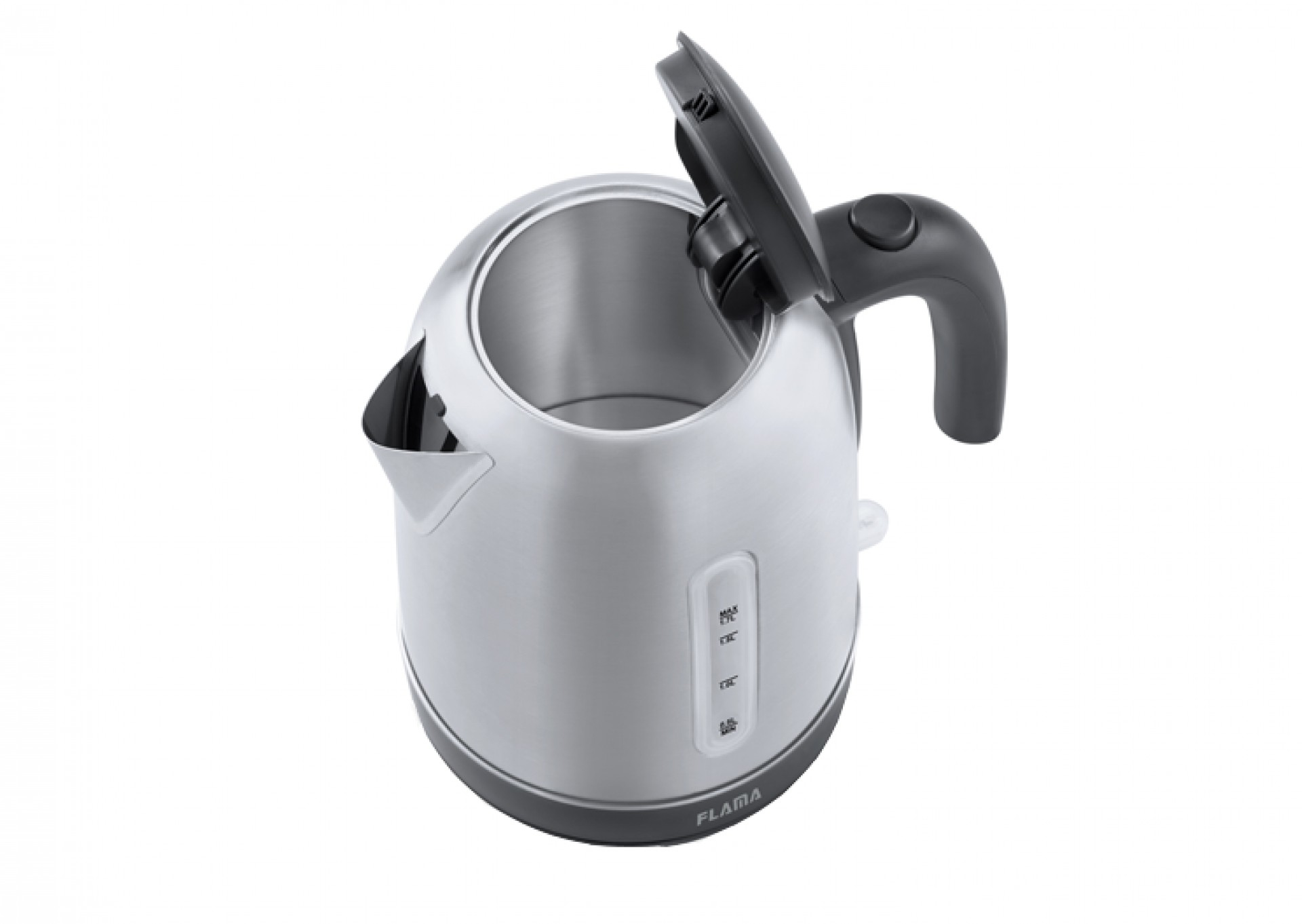 Un bollitore elettrico in acciaio inox con coperchio aperto. Ha un manico nero e indicatori del livello dell'acqua.