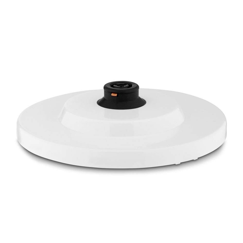 Biała podstawa czajnika. Czarna góra i biała, okrągła powierzchnia.