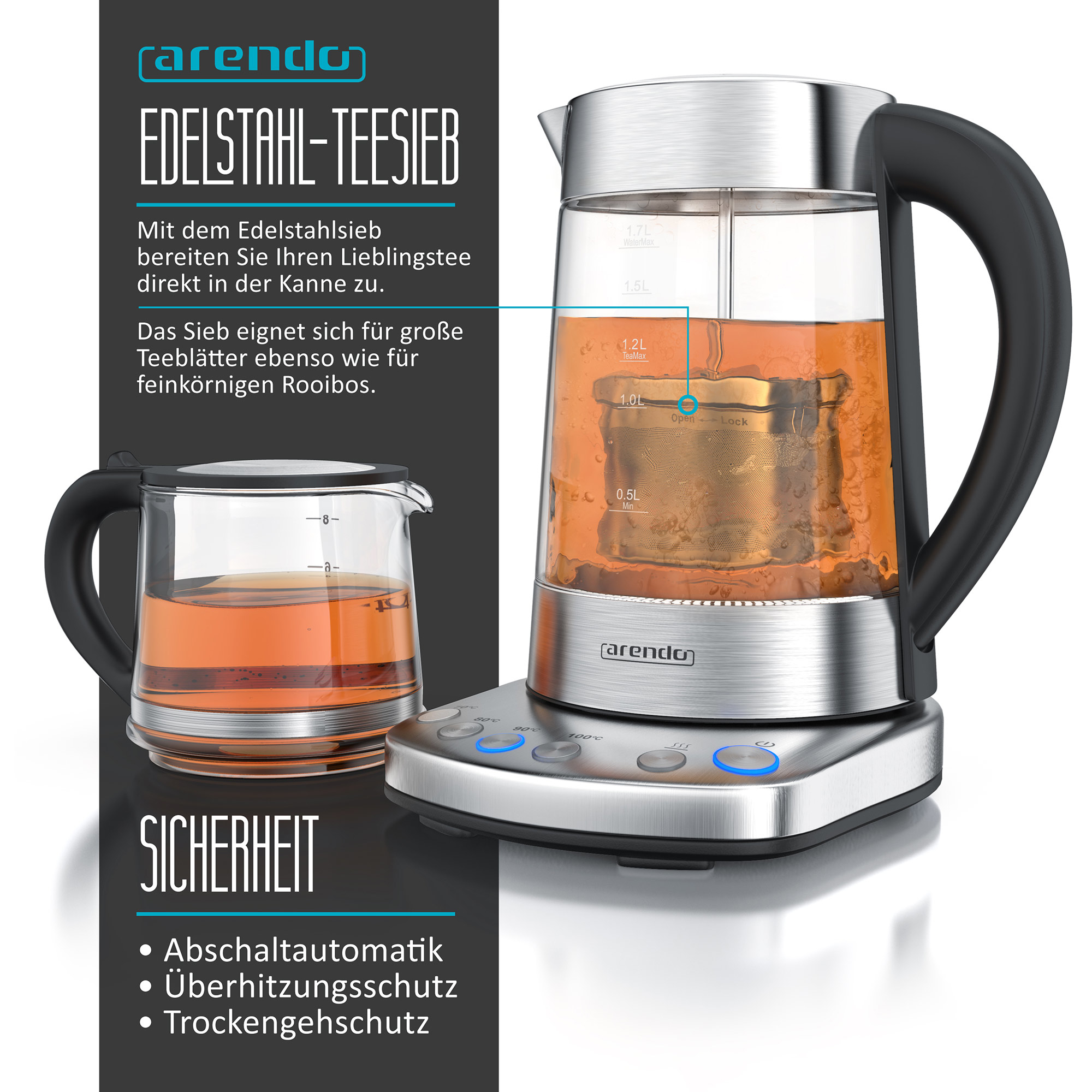 Una teiera in vetro con base in acciaio inox e un infusore per tè in vetro.