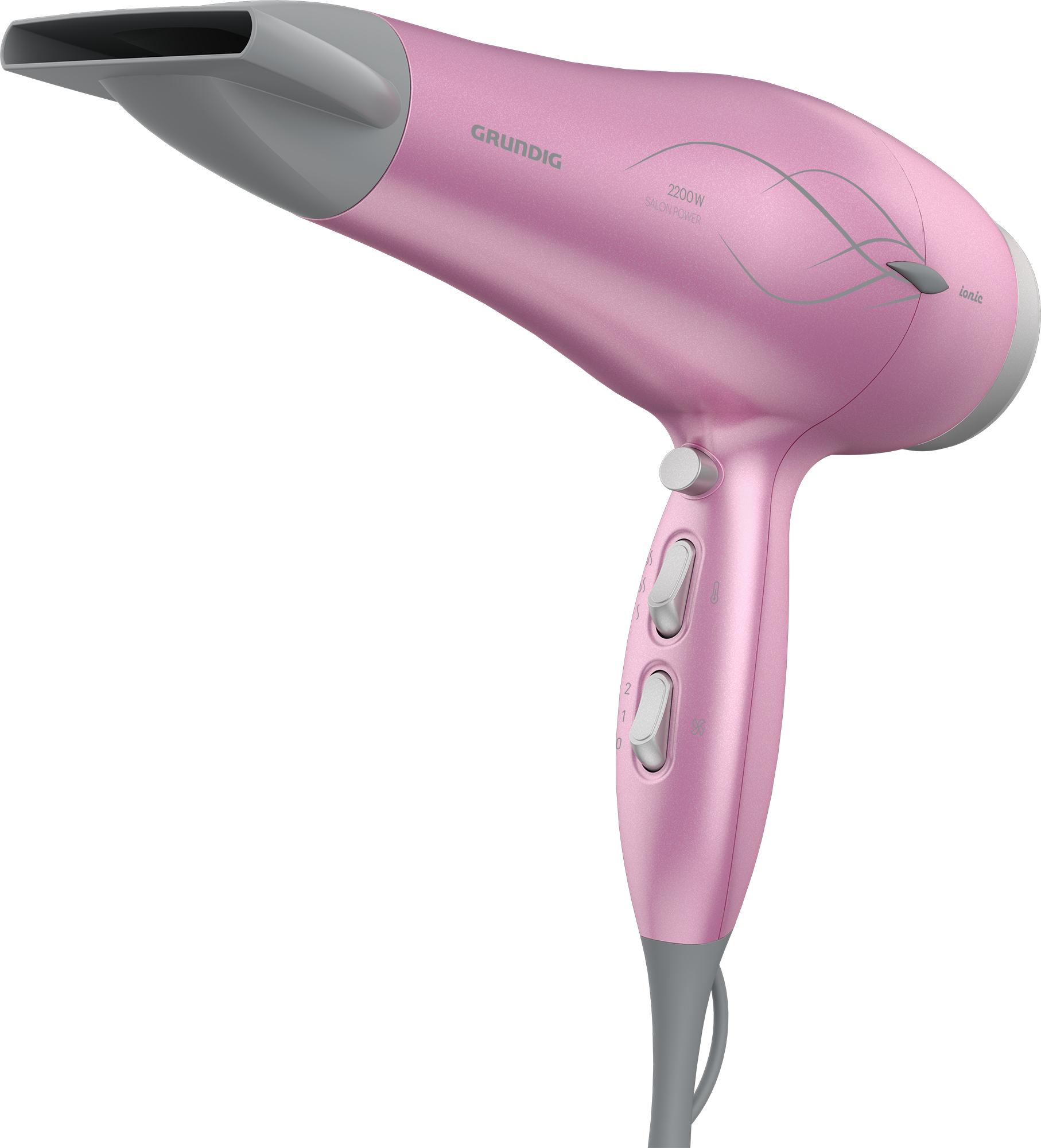Pinker Grundig-Haartrockner, abgewinkelt, mit Knöpfen und grauer Düse.