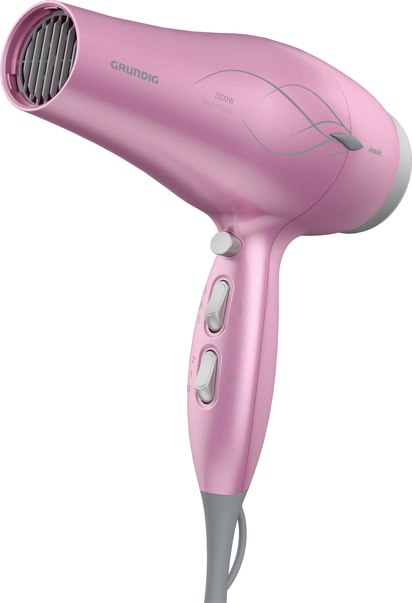 Pinker Haartrockner mit mehreren Knöpfen und einem grauen Kabel. Die Marke ist Grundig.