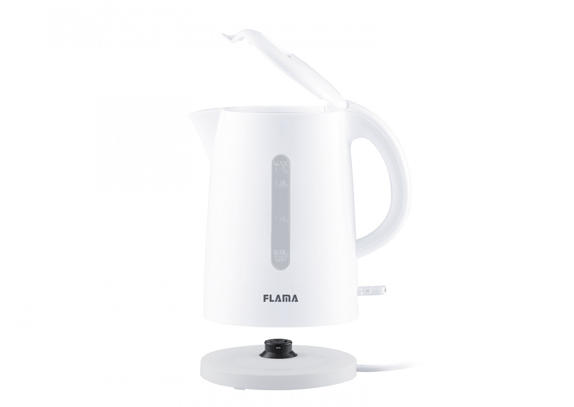 Bollitore elettrico bianco con coperchio aperto su base bianca. Il marchio FLAMA è visibile.