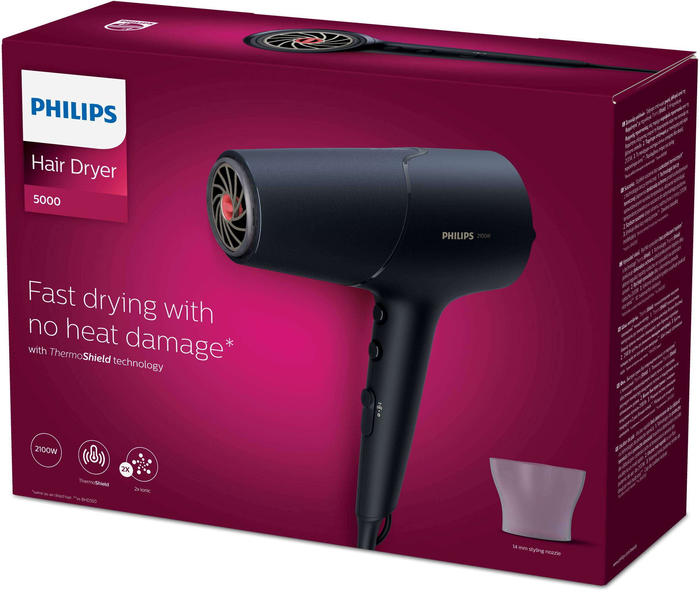Czarna suszarka do włosów Philips w pudełku, z różowym tłem i szczegółami produktu.