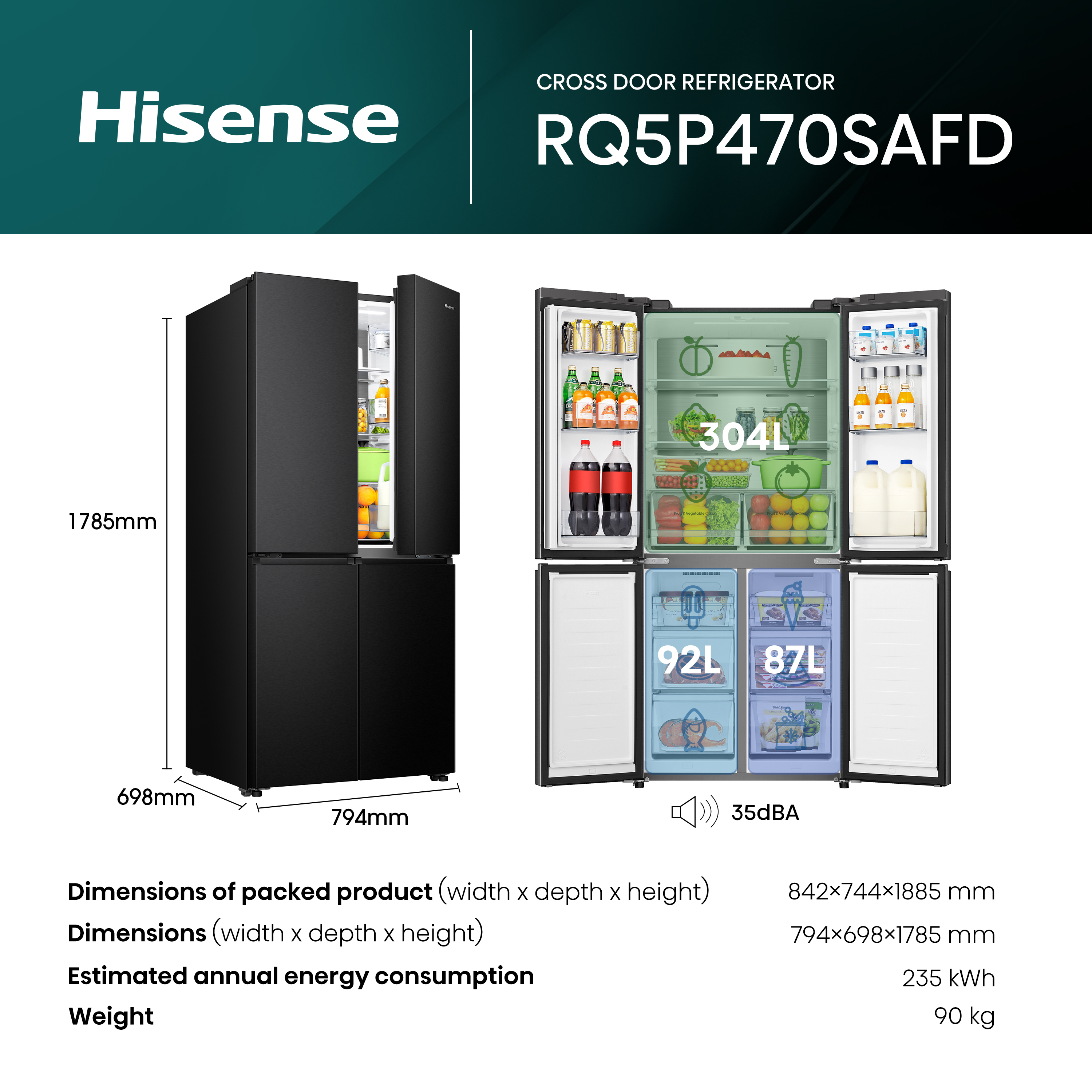 Frigorifero Hisense nero, aperto, con dimensioni, info energetiche e specifiche prodotto.