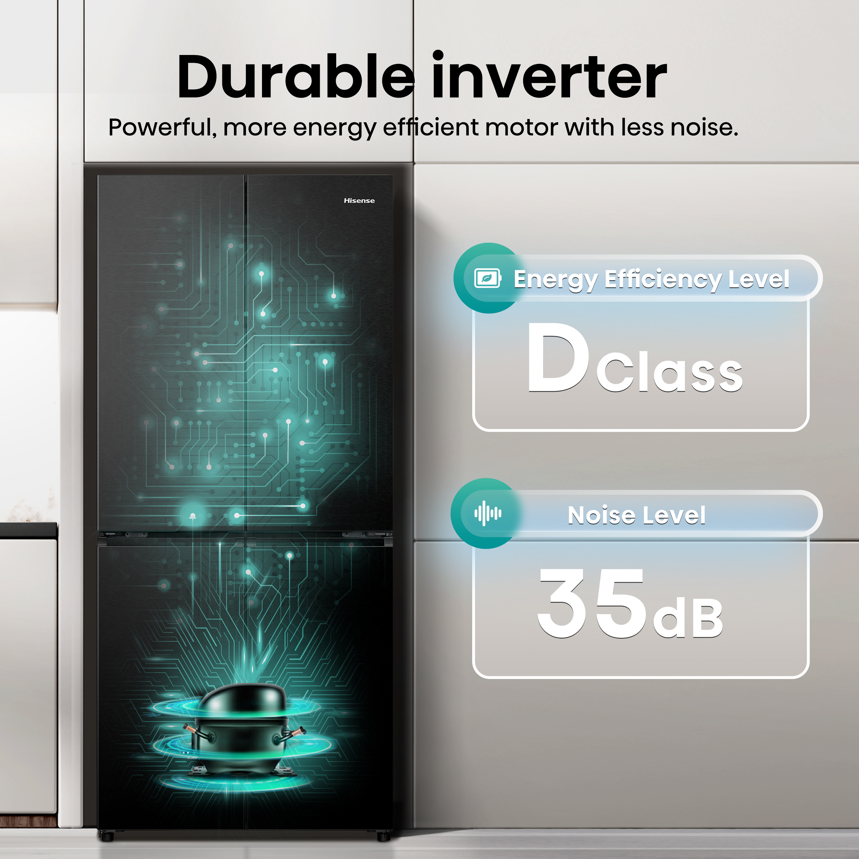 Frigorifero Hisense nero con classe energetica D e livello di rumore 35dB.