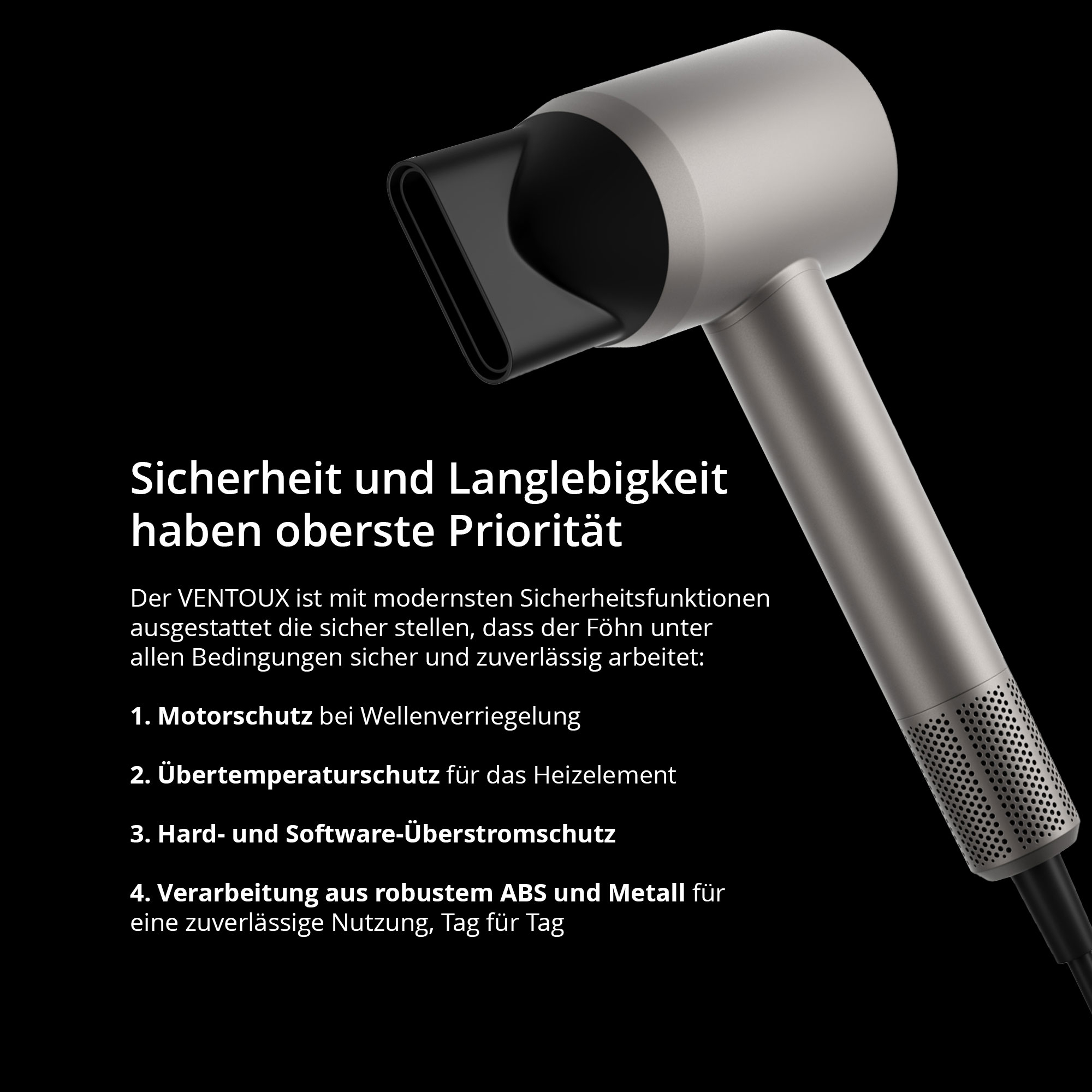 Grauer Haartrockner mit Text über Sicherheit. Schwarzer Hintergrund.