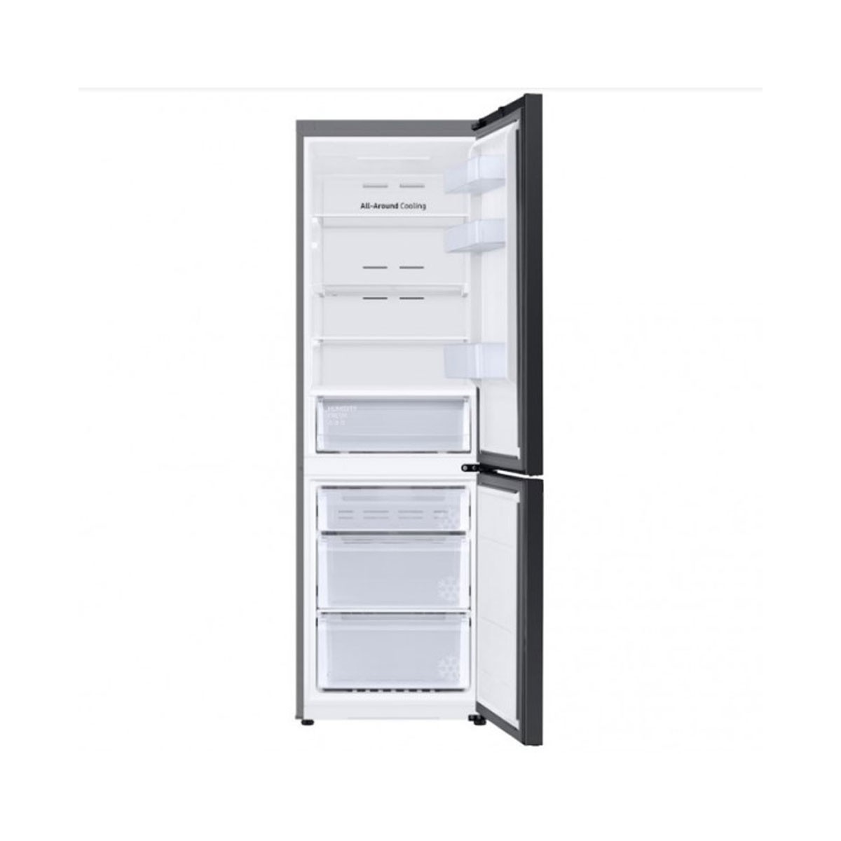 Ein Kühlschrank mit geöffneter Tür, der das Innere zeigt.