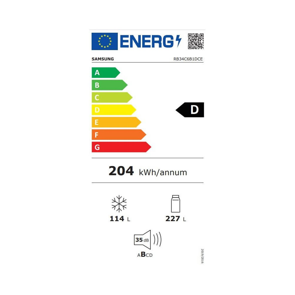 Ein Energielabel für einen Samsung-Kühlschrank. Es zeigt die Energieeffizienzklasse D und den Energieverbrauch.